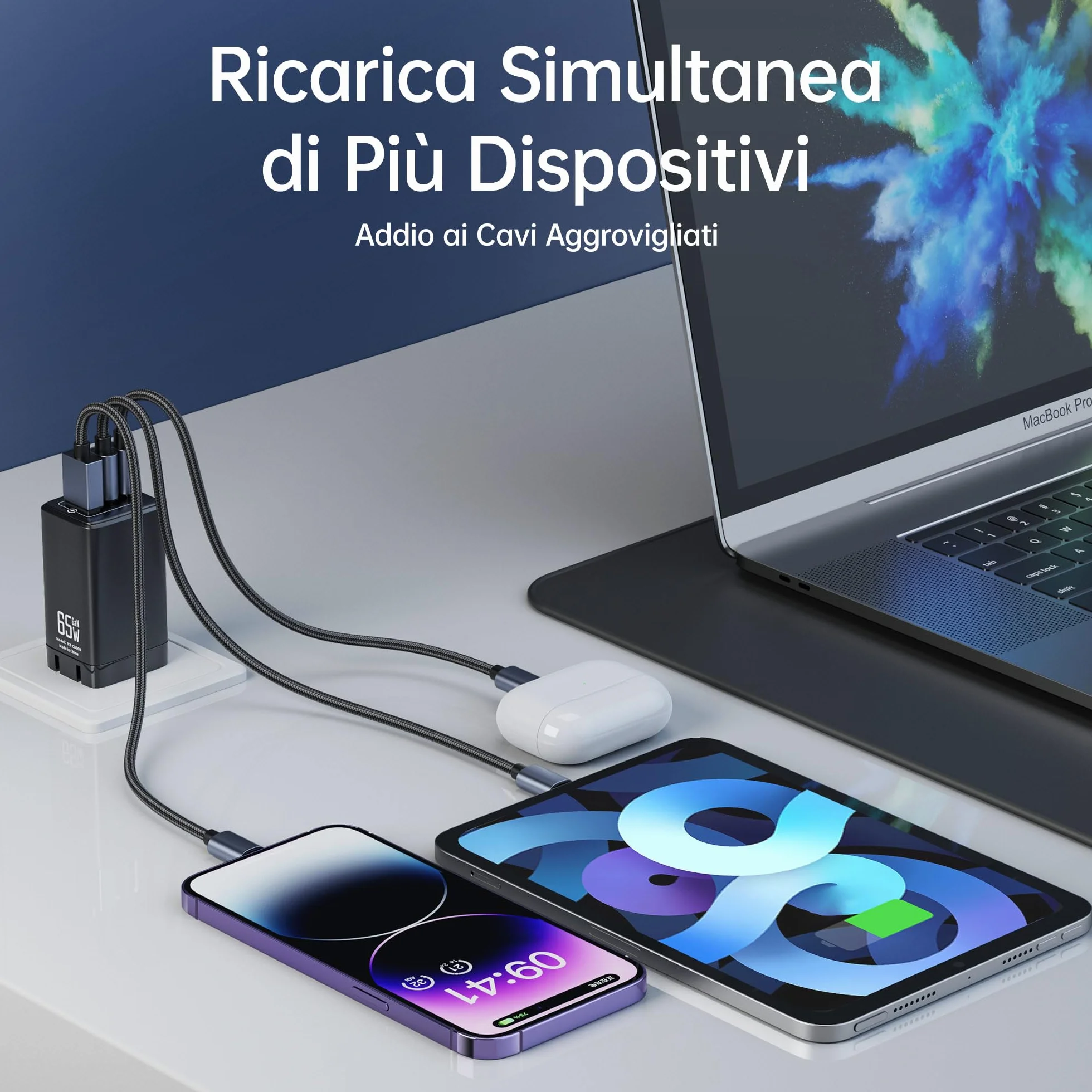 NOHON Caricatore USB-C Rapido 65W GaN PD 3.0 3 Porte Compatibile iPhone 12 13 14 Macbook iPad Samsung Galaxy S