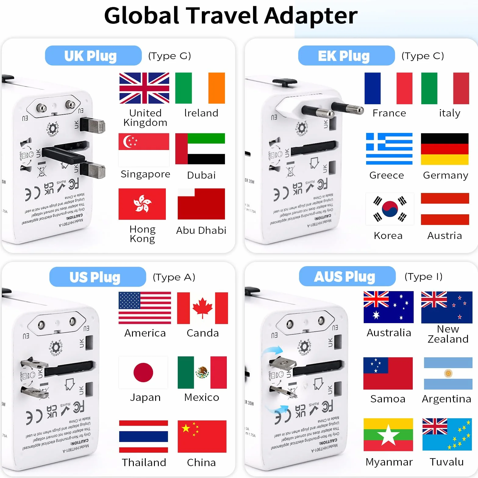 Adattatore Universale da Viaggio con 3 USB-C PD 35W, 2 USB-A e 1 AC per USA UK Giappone Australia 224+ Paesi