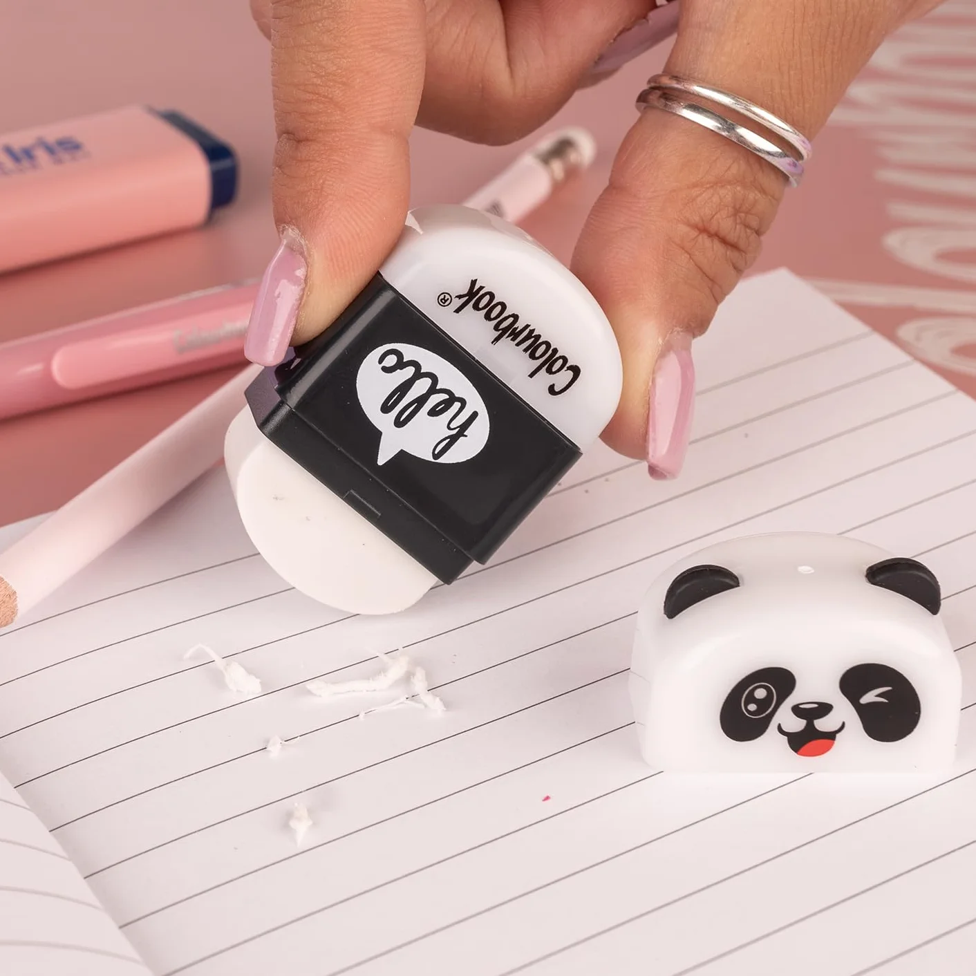 Colourbook Temperamatite 3 in 1 con Gomma e Contenitore Trucioli, Design Panda, Mini Temperino Compatto per Scuola, 4x1,5x1,5 cm