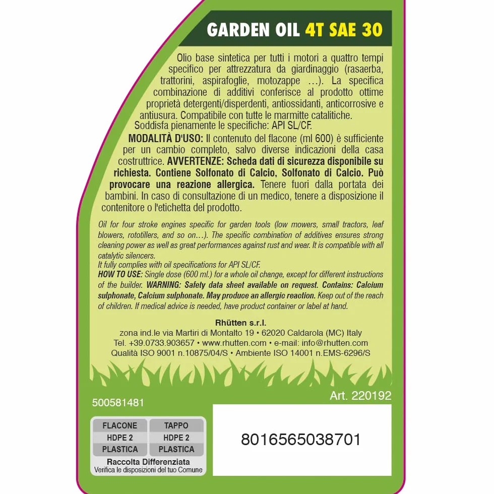 Rhutten, Olio Garden per Attrezzi da Giardino, per Motori 4Tempi SAE 30, Minerale, 600ml