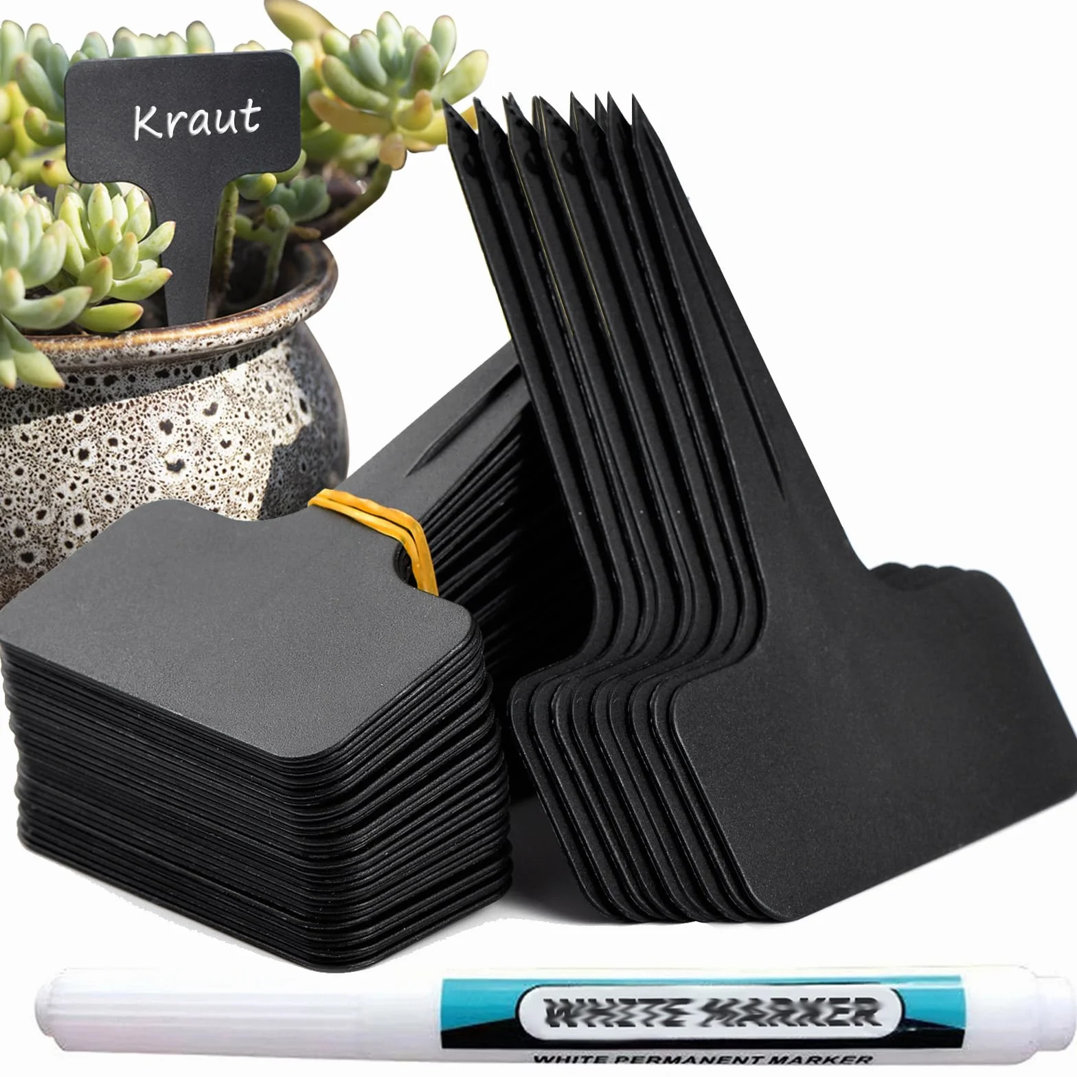 Targhette per Piante Marcatori Piante Impermeabili 100 pz Cartellini per Piante Etichette per Orto Pianta di Plastica con Penna, Altezza: 10 cm, Area di etichettatura: 6 x 3 cm, Nero
