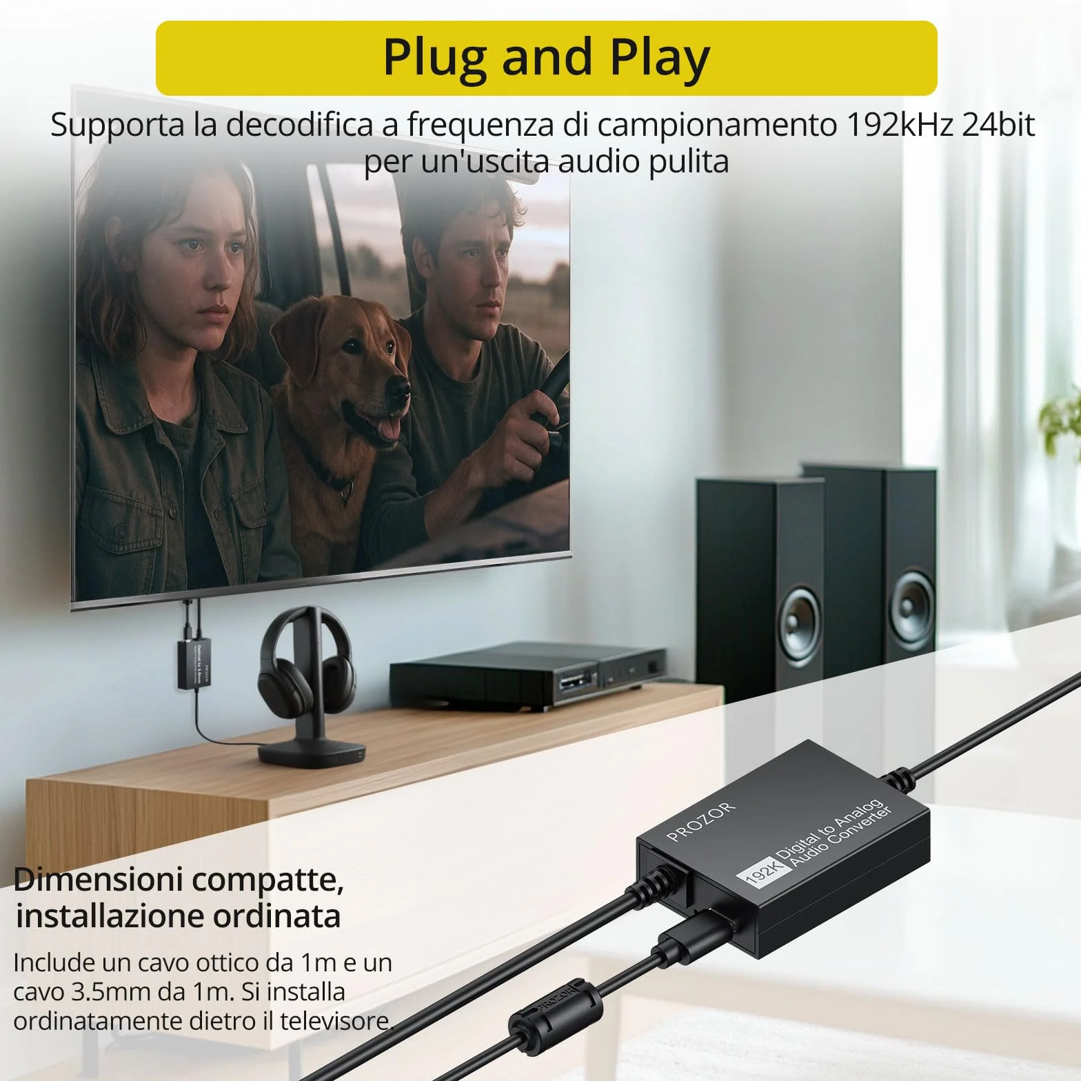 PROZOR Convertitore Ottico Digitale-Analogico 3,5 mm a 192 kHz DAC SPDIF Toslink 2.0CH Adattatore AUX