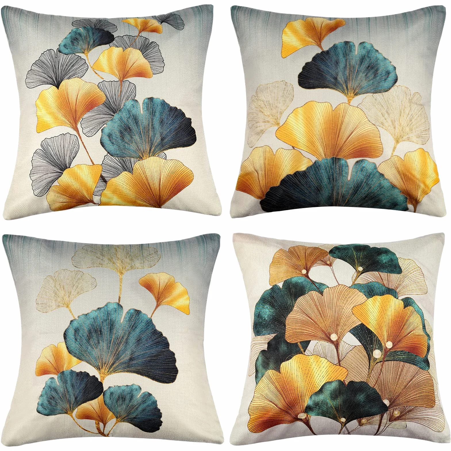 Fodera per Cuscini 40x40 Lino Ottanio oro Ginkgo Decor Federe Cuscini Divano Federe Copricuscini per Cortile Esterno Giardino Patio Letto Soggiorno Balcone Giungla Decorazione Rustica Set di 4