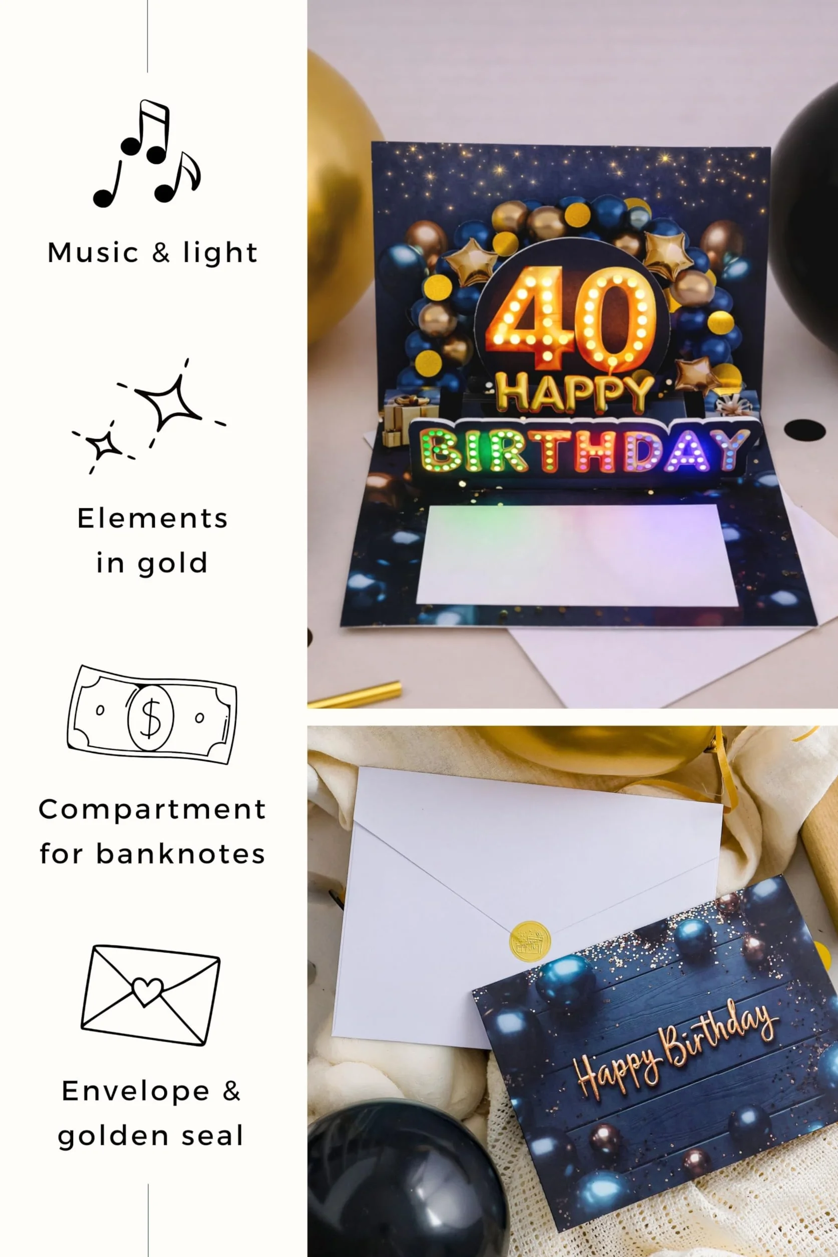 Joli Coon Biglietto auguri 40 anni uomo – Biglietto auguri compleanno 3D con musica e luce pop up, 20×15 cm, busta e adesivo sigillo