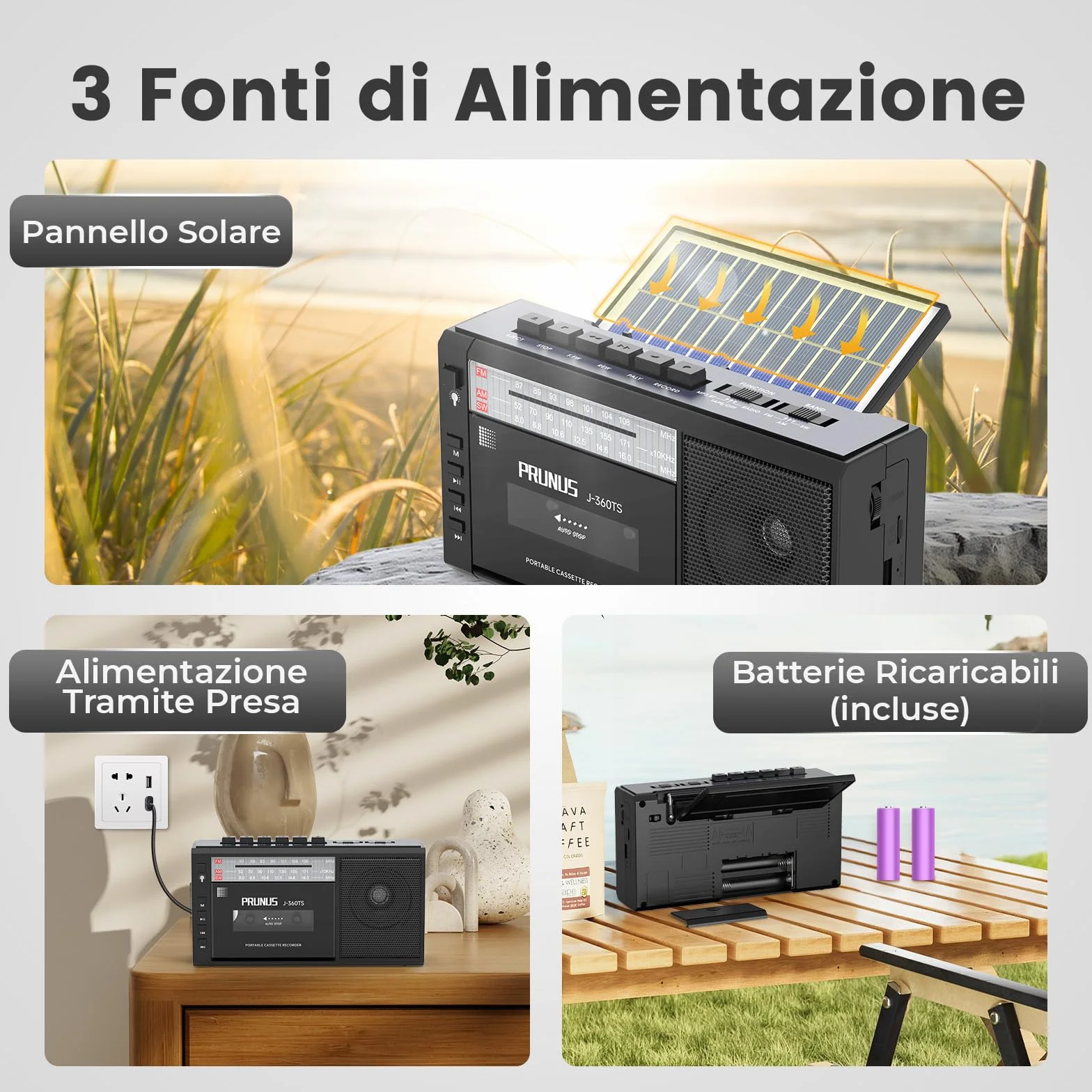 PRUNUS J-360 Radio Cassette AM/FM/SW Portatile con Bluetooth, Solare/Batteria Ricaricabile, Torcia, USB, TF Card
