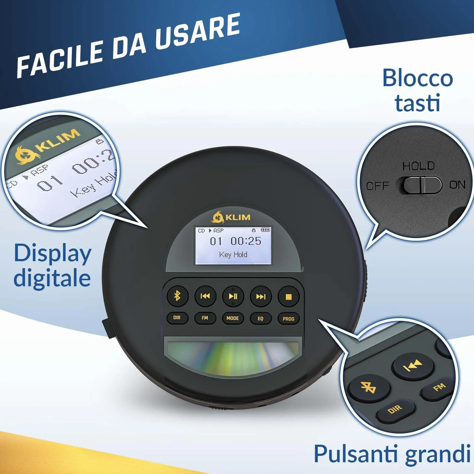 KLIM Nomad Lettore CD Portatile Bluetooth con Batteria Lunga Durata, SD, FM, Compatibile CD-R/RW MP3