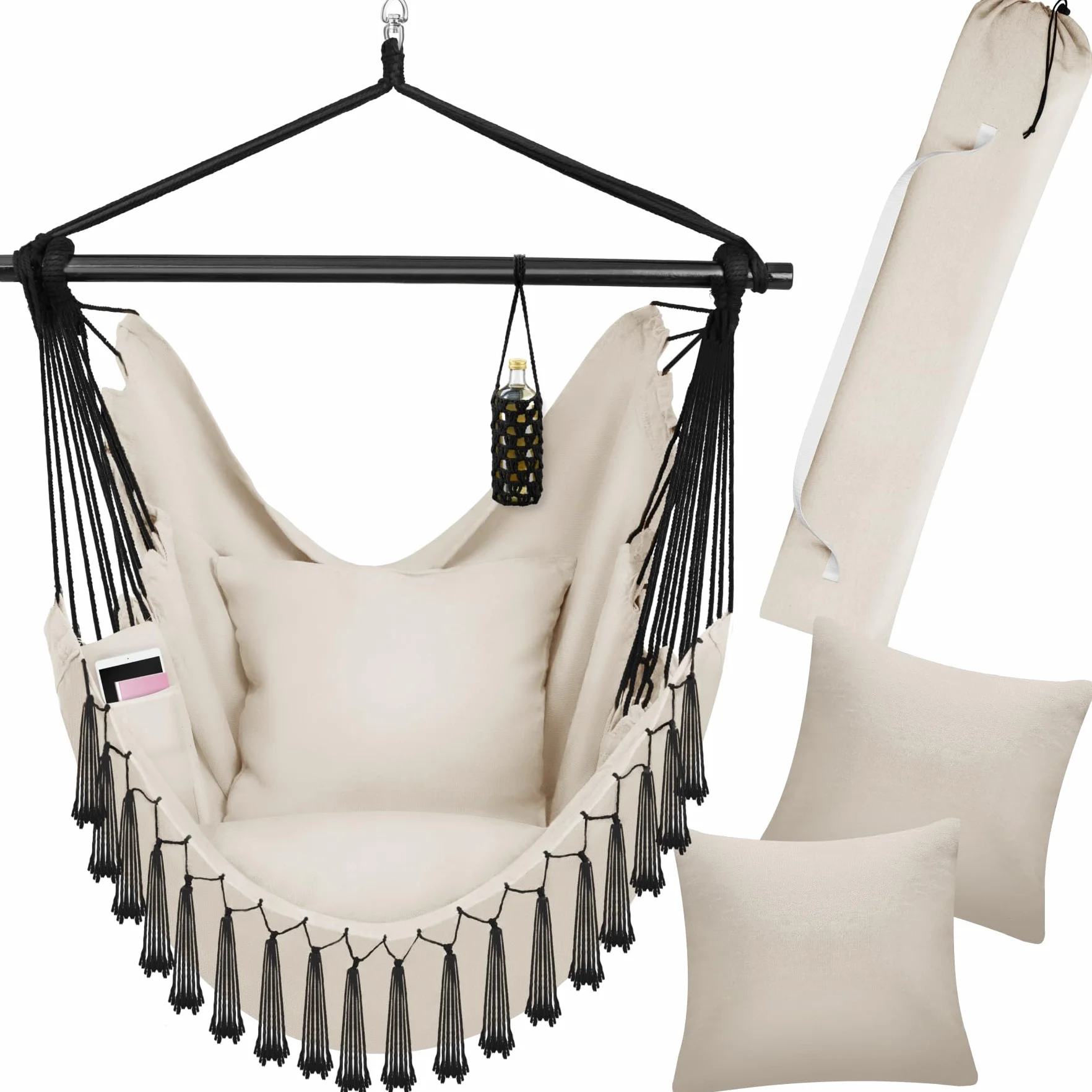 tectake® Poltrona Sospesa Malika, Stile Bohemien, Tessuto Misto Cotone-Poliestere Traspirante, Cuscini Extra Spessi, Scomparto per Libri, Appoggio per Bibite Regolabile, Carico Massimo 150kg - Beige