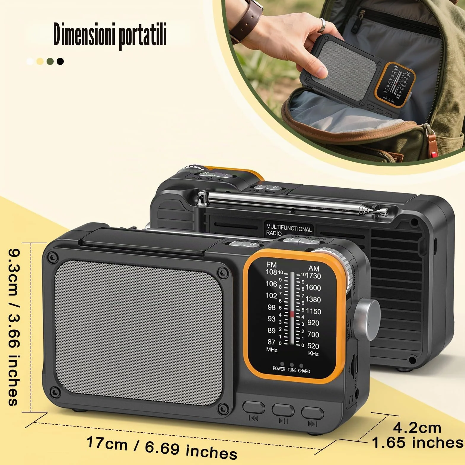 Tendak Radio Portatile FM/AM Ricaricabile 2400mAh Bluetooth Luce Lettura TF