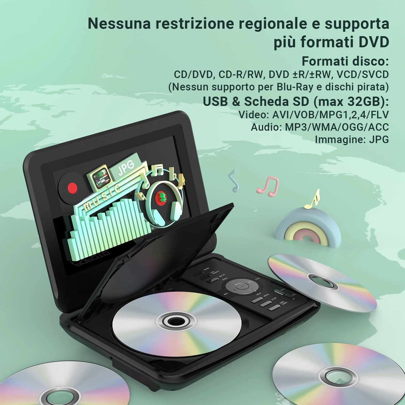 POFOTO Lettore DVD Portatile 9,5'' Schermo HD Ruotabile 7,5'' Batteria 4-6 Ore Supporto Multiformato Dischi SD USB Antiurto