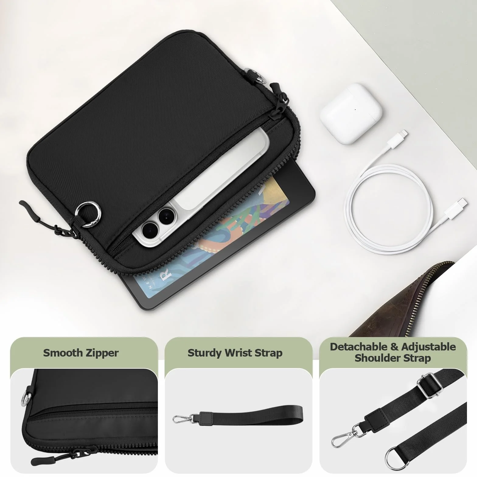 Dadanism Custodia Protettiva Imbottita con Tracolla e Cinturino da Polso per 7" Kindle Paperwhite/Colorsoft, 6" Kindle/Kobos/Nook, Slot per Schede con Blocco RFID, Nero