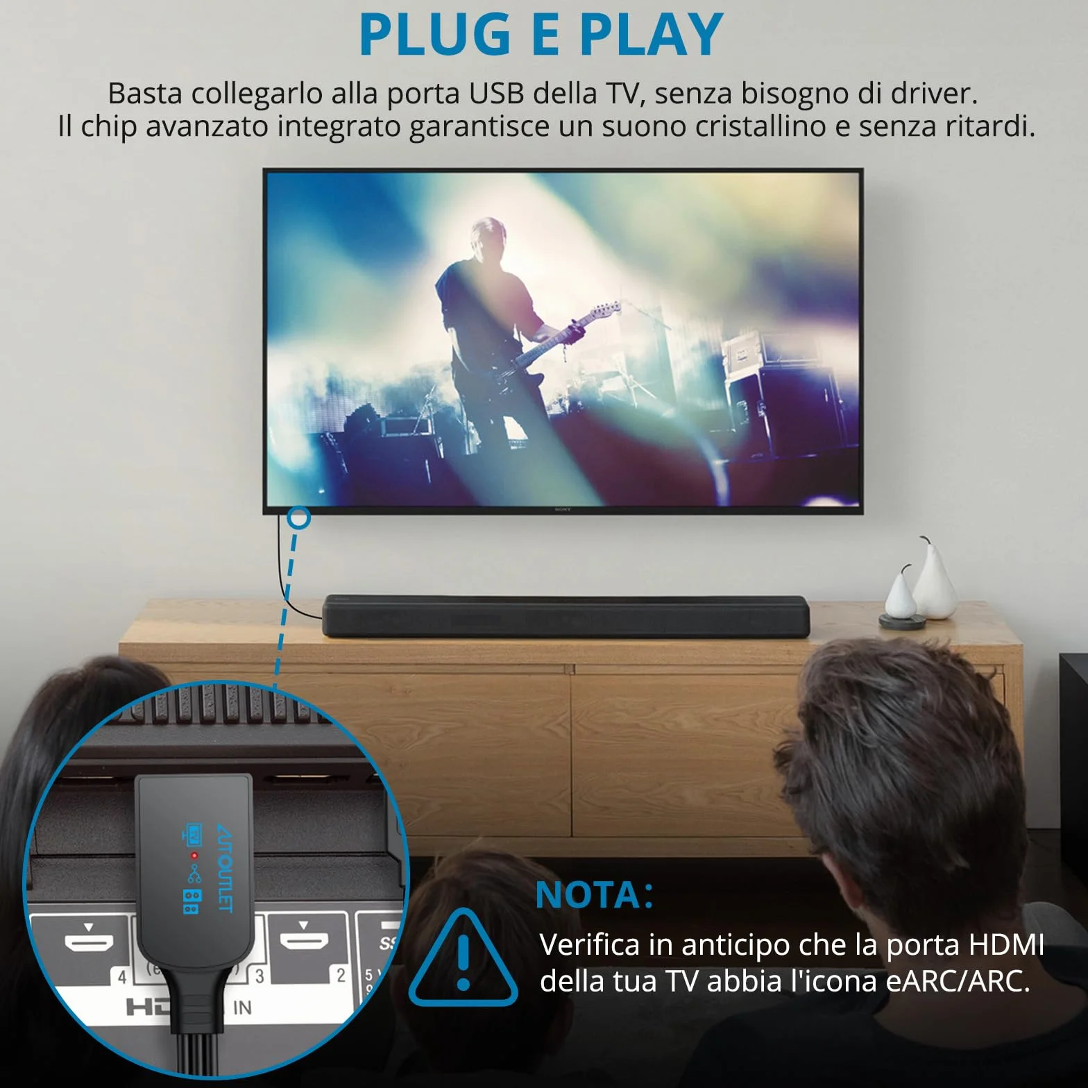 AUTOUTLET Convertitore Audio HDMI eARC/ARC a RCA 192KHz/24bit Supporta CEC PCM 2.0 Cavo 150 cm