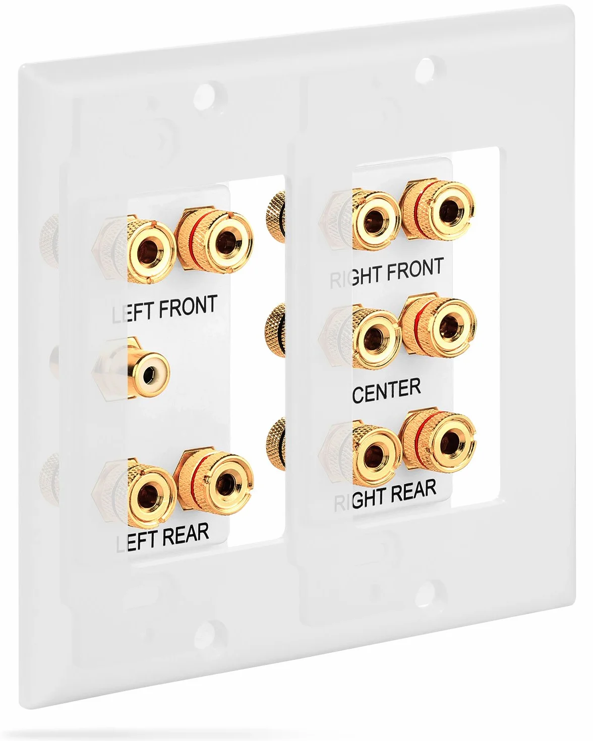 Fosmon 2-Gang 5.1 Surround Home Theater Wall Plate Gold Plated Copper Banana Binding Post Coupler for 5 Speakers 1 RCA Subwoofer White