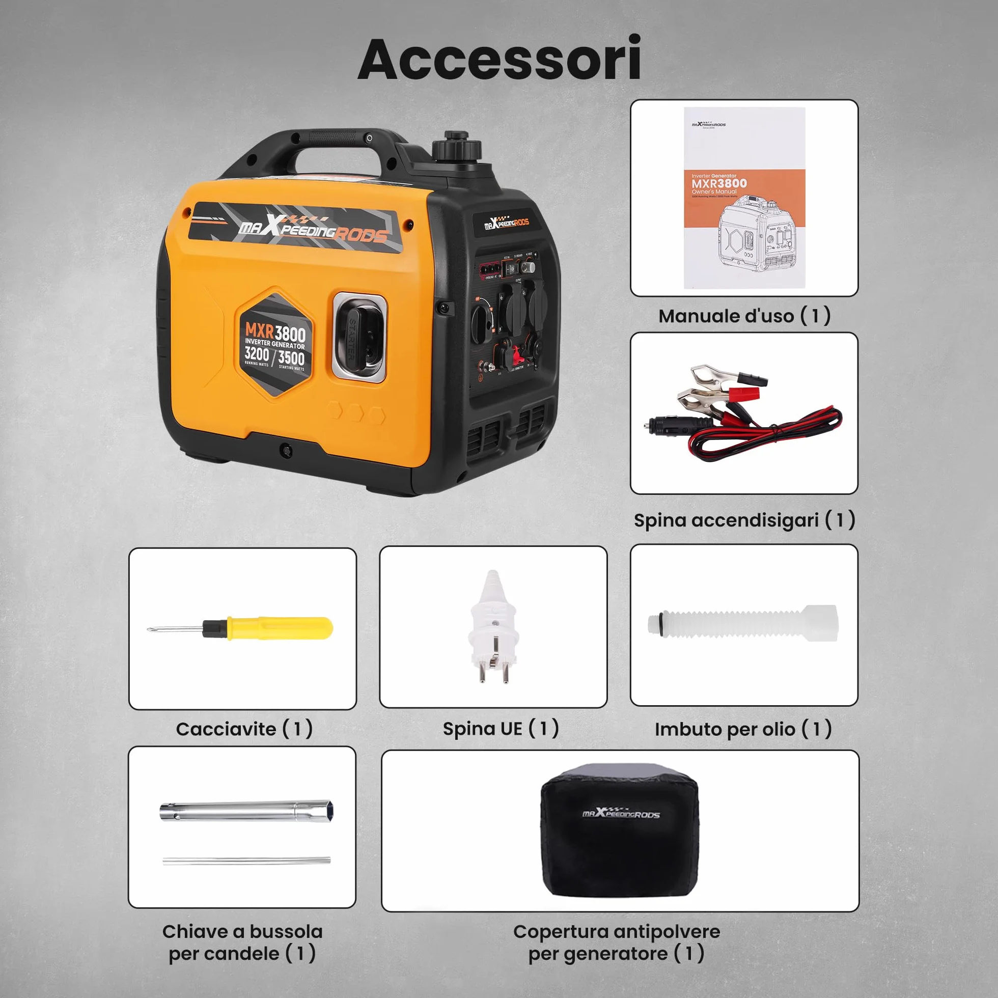 maXpeedingrods Generatore di Corrente 3500W, Portatile Generatore Inverter a Benzina 4 Tempi con 2 prese da 230 V / 2 USB / 1 presa da 12 V CC, Modalità ECO Per RV, Camper e Emergenze