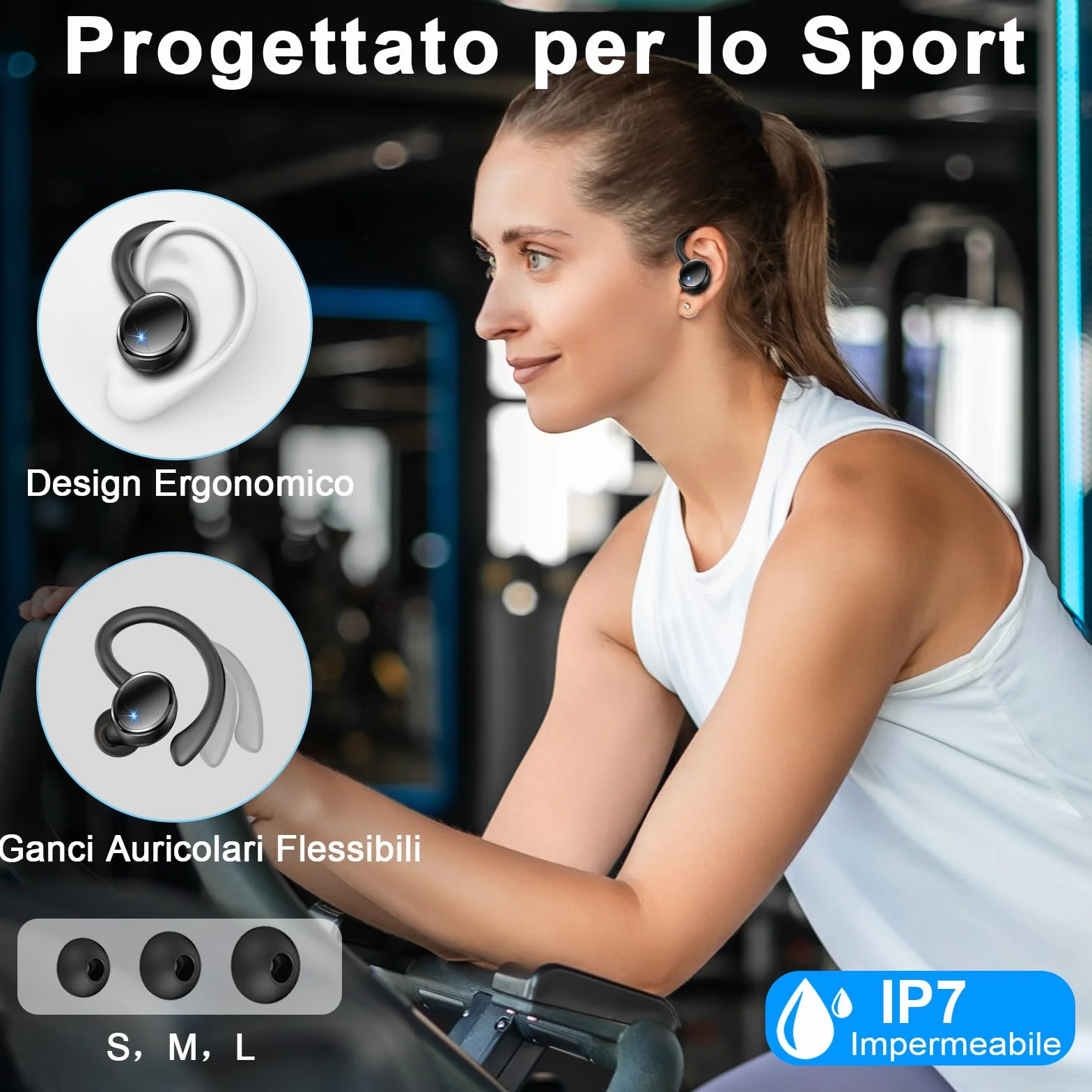 Cuffie Bluetooth Sport 5.4 HiFi Stereo 50 Ore Cancellazione Rumore Mic Ricarica Rapida USB-C IP7 Impermeabile Running