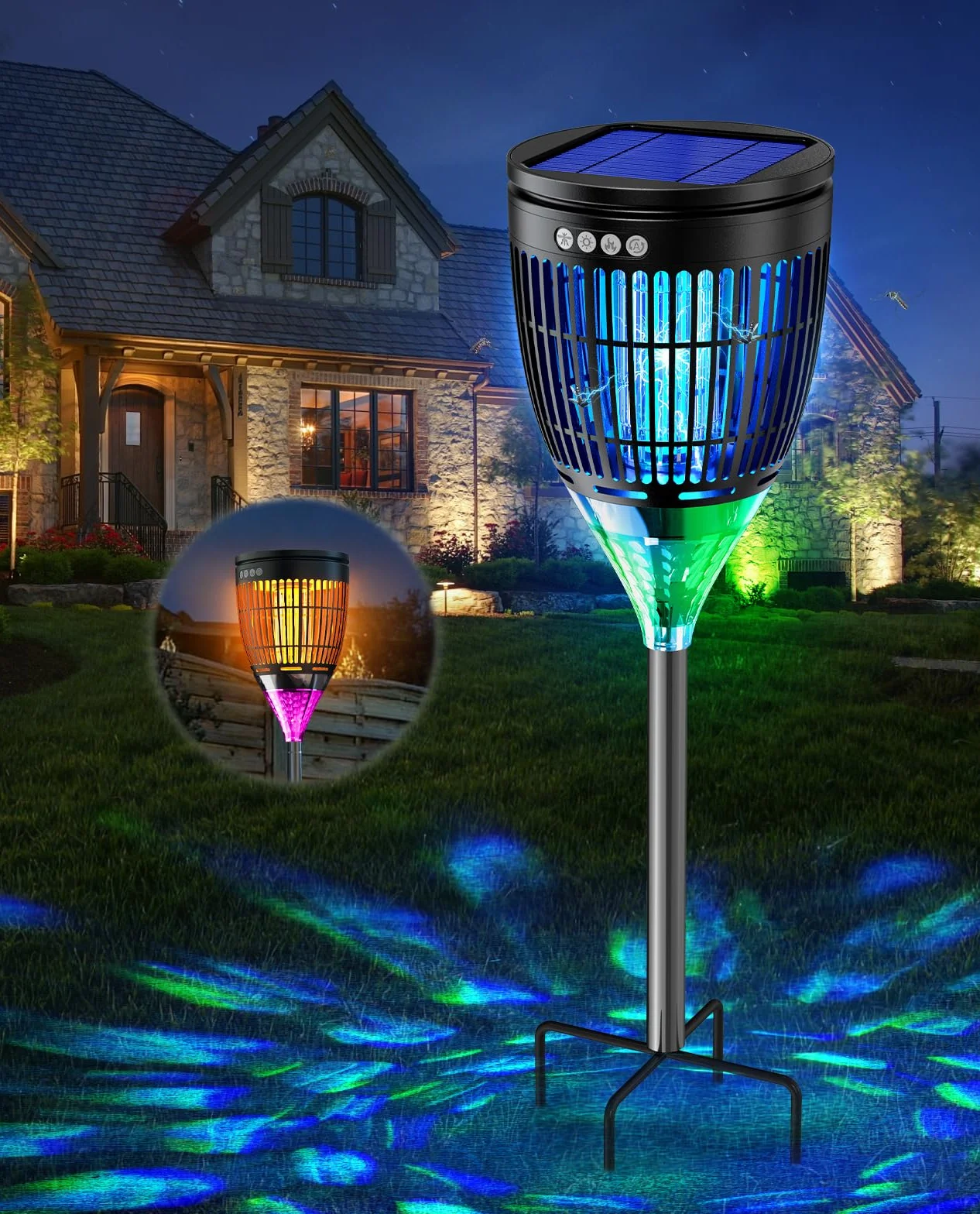 Lampada Antizanzare Solare da Esterno, Zanzariera Elettrica 4200V, Impermeabile IPX5, Ricaricabile USB-C, Lampada Zanzare Senza Fili con Picchetto per Giardino, Prato, Cortile