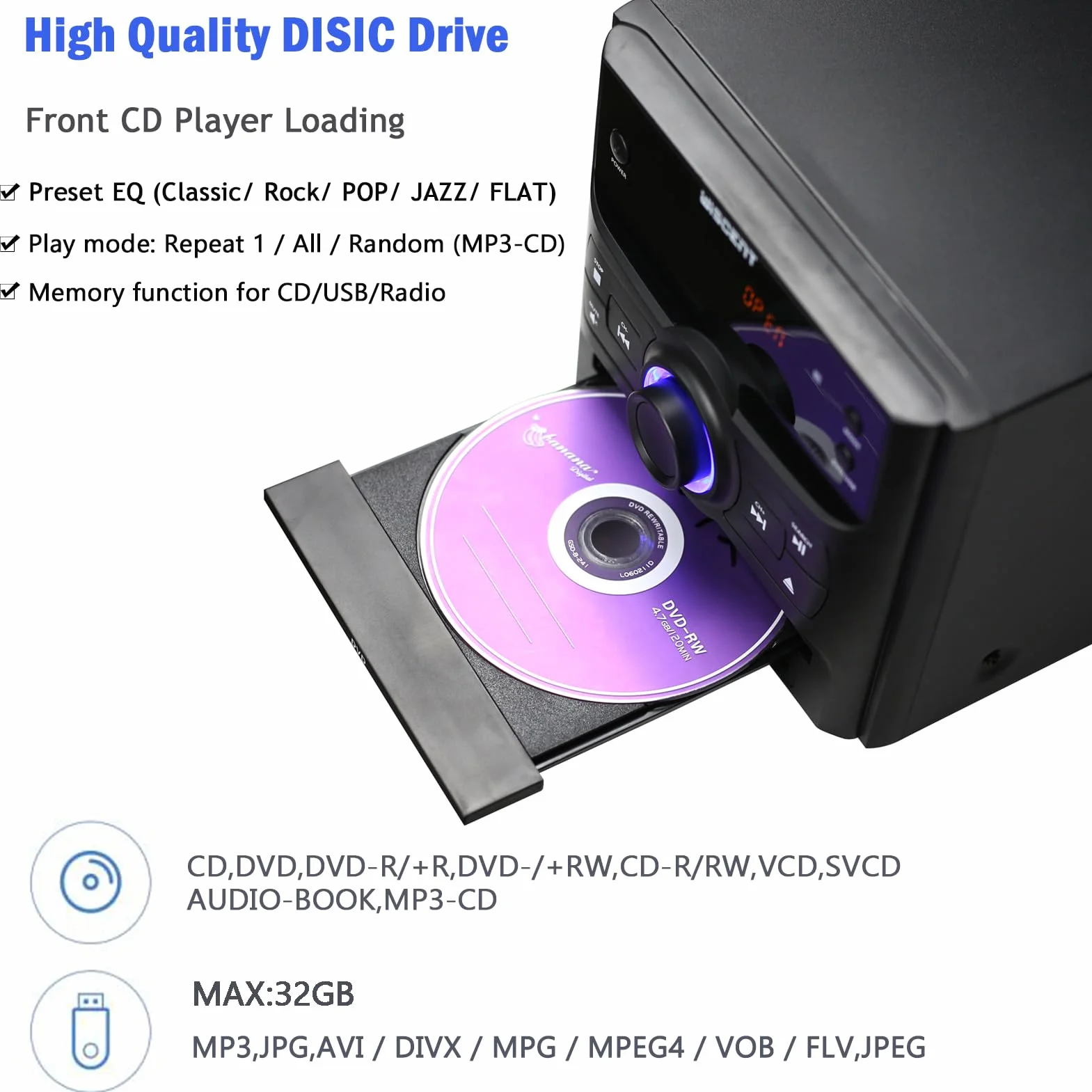 WISCENT Bluetooth Micro HiFi System, Lettore CD DVD Radio FM USB MP3 AUX Mic 30W