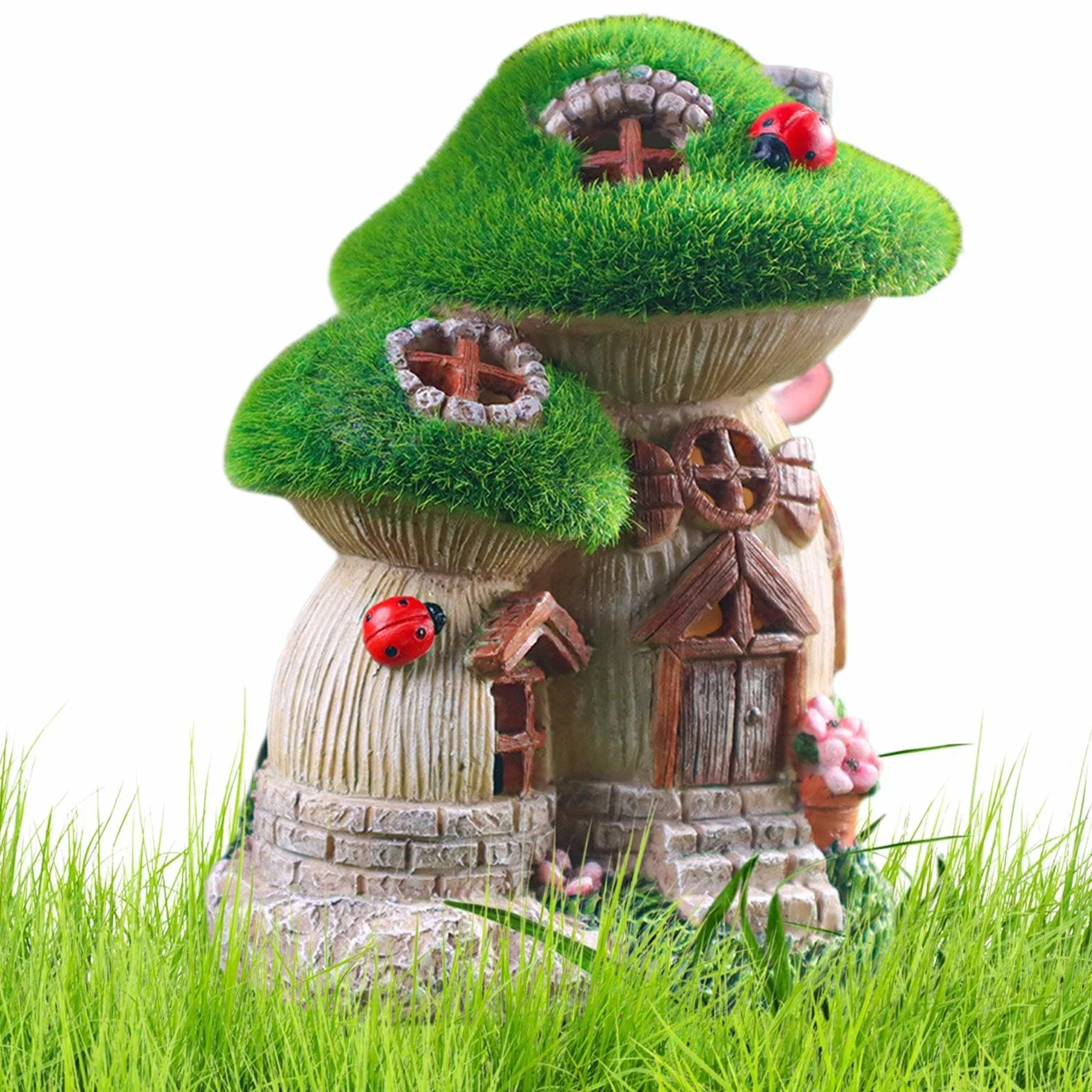Casa delle fate a energia solare, casetta incantata in resina, statua da giardino, 13,5 x 11,3 x 16,5 cm, decorazione da giardino fantasia, luce a LED, decorazione per esterni resistente alle