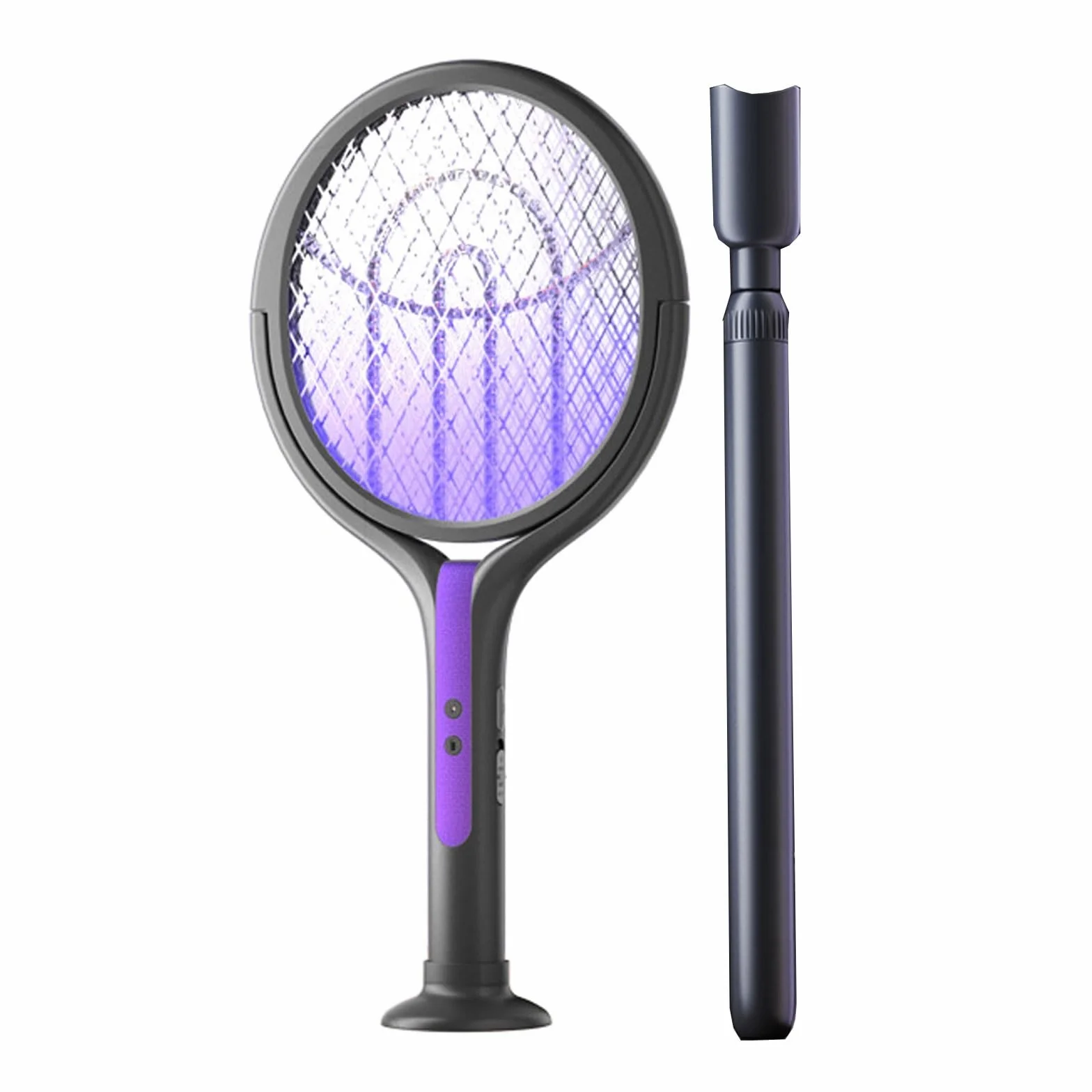 Racchetta antizanzare elettrica, Uccidi zanzare ricaricabile 2-in-1 con manico estensibile 106cm, Zappatore rotante 180°, design aderente alle pareti, alimentato USB(Purple With extended rod)