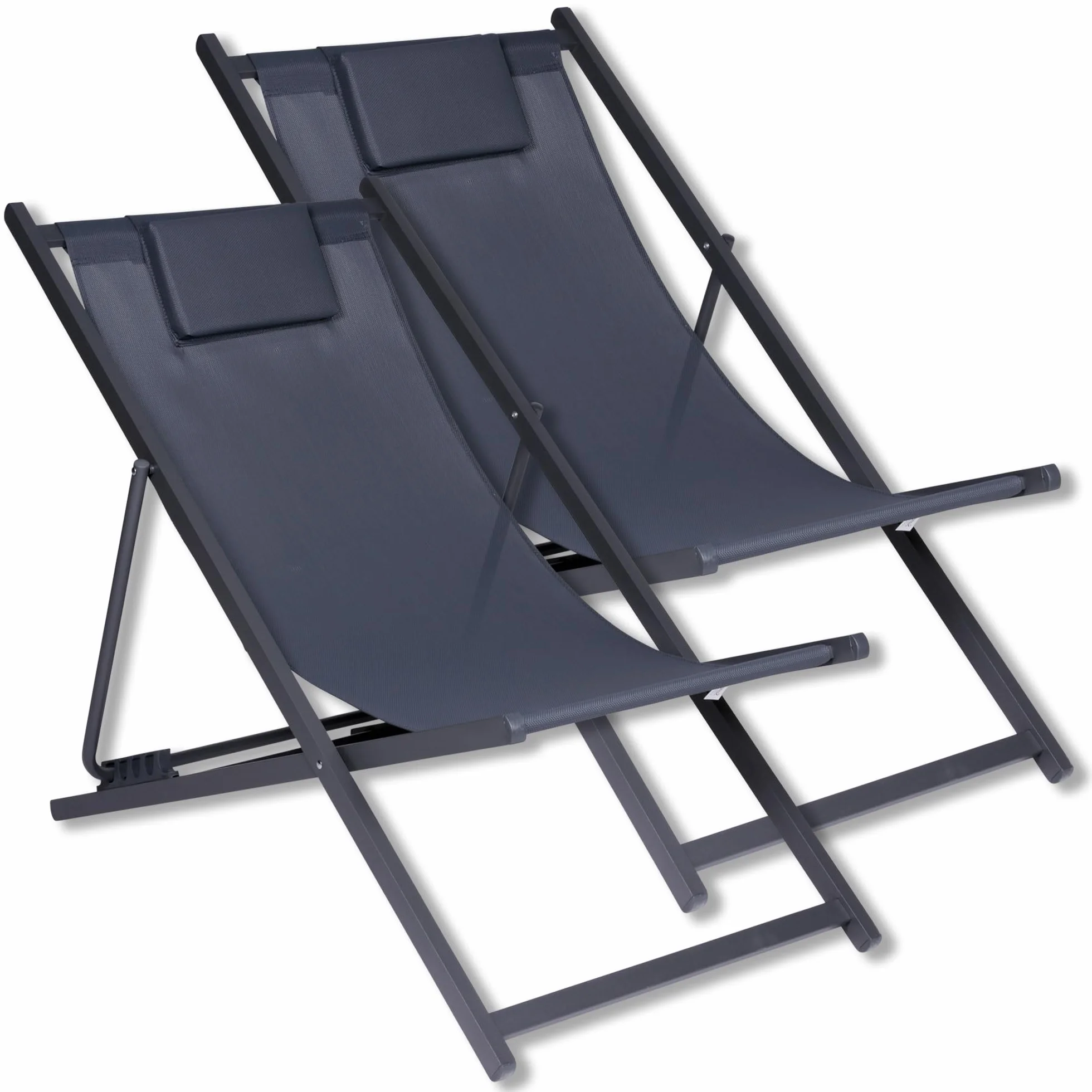 2 sedie a sdraio pieghevoli in metallo, colore antracite, portata fino a 110 kg, schienale regolabile in 4 livelli, per giardino, balcone, terrazze, sedia pieghevole da spiaggia