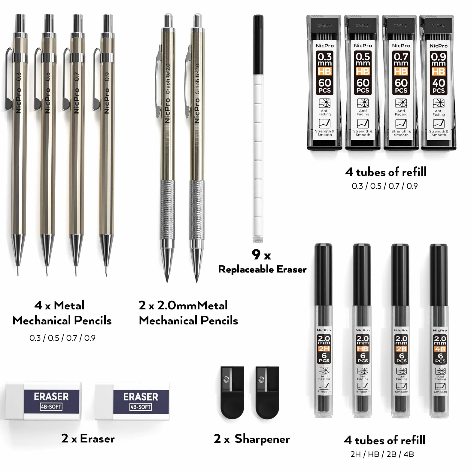Nicpro 6 Pezzi Matite Meccaniche Set 0,3 0,5 0,7 0,9mm 2mm Portamine per Artista Disegno