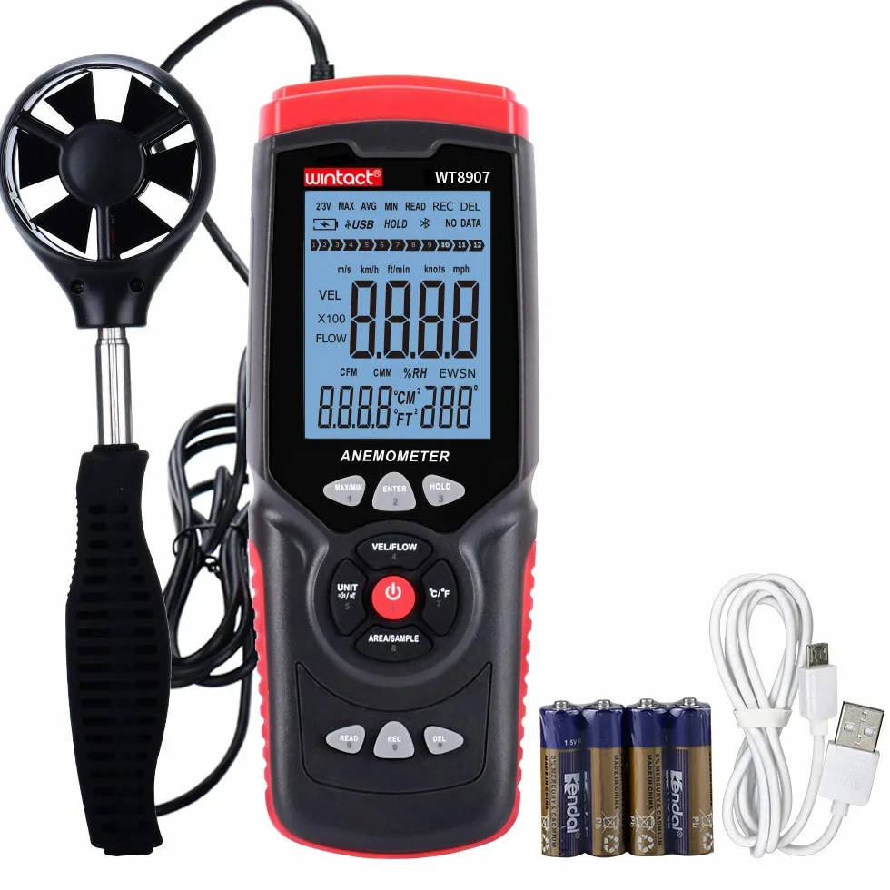 Wintact Registratore di dati del misuratore di velocità del vento con anemometro della stazione meteorologica con direzione del vento, volume del vento, temperatura, umidità e software per PC