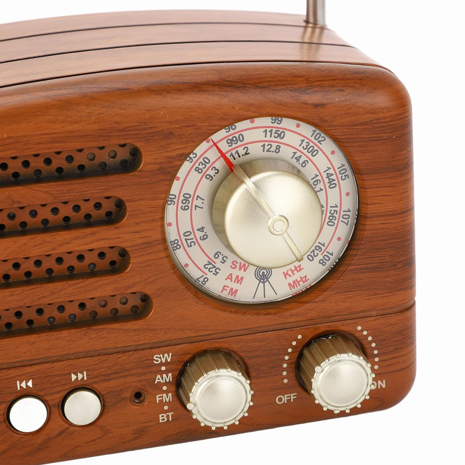 Radio AM FM vintage Altoparlante retrò portatile USB con antenna regolabile, batteria 1800mAh, legno