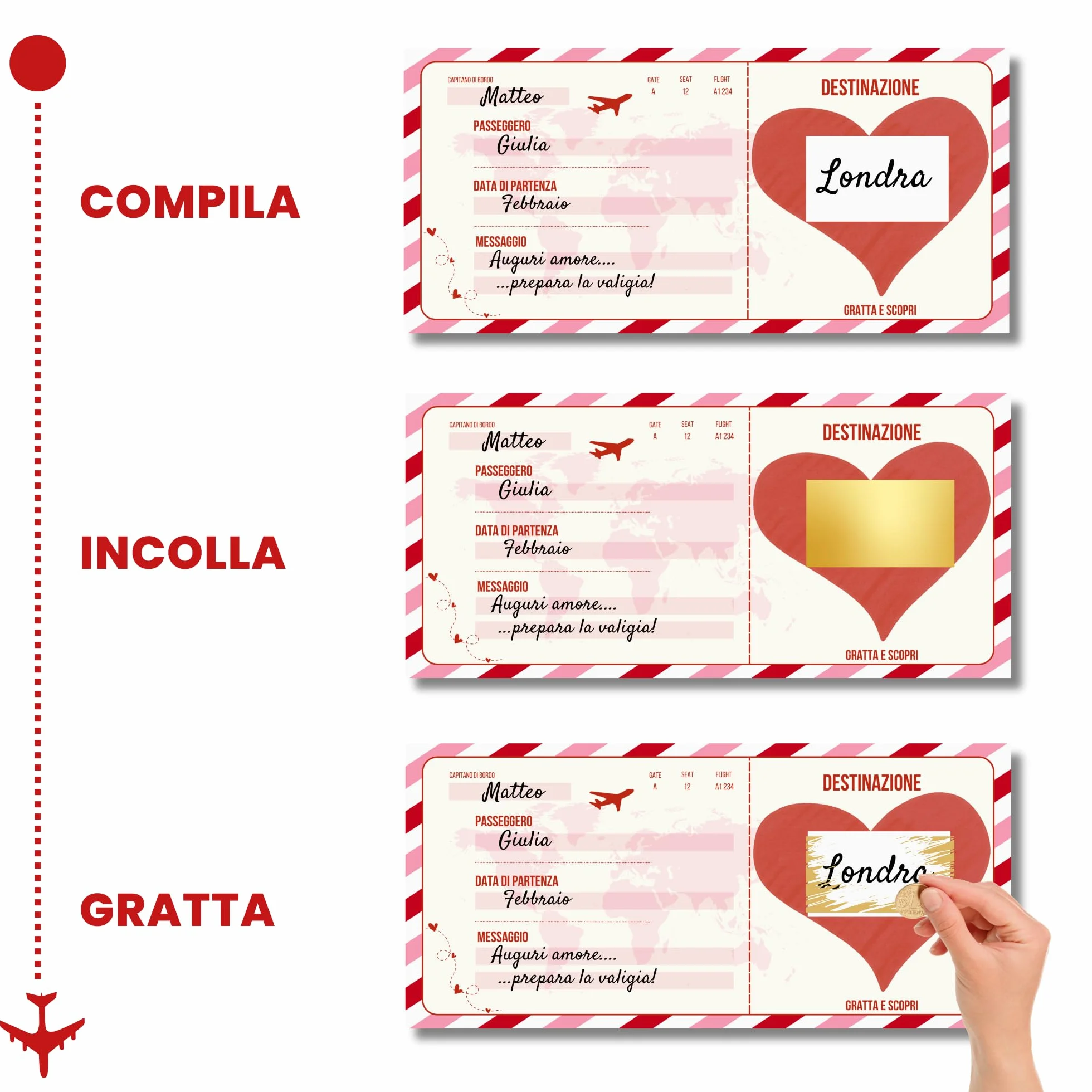 Biglietto Viaggio Sorpresa Gratta e Vinci | Biglietto Aereo Finto Regalo | Regalo San Valentino per Lei e Lui (Love)