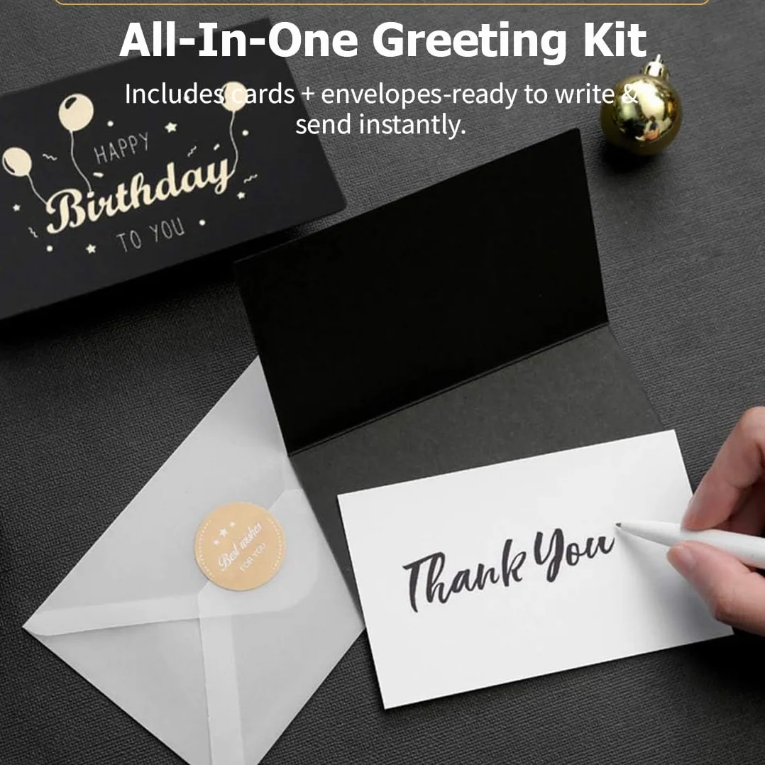 RUKAN 6 Pezzi Biglietto Auguri Compleanno con Busta e Adesivi - Nero e Oro, Biglietto di Auguri Minimalista