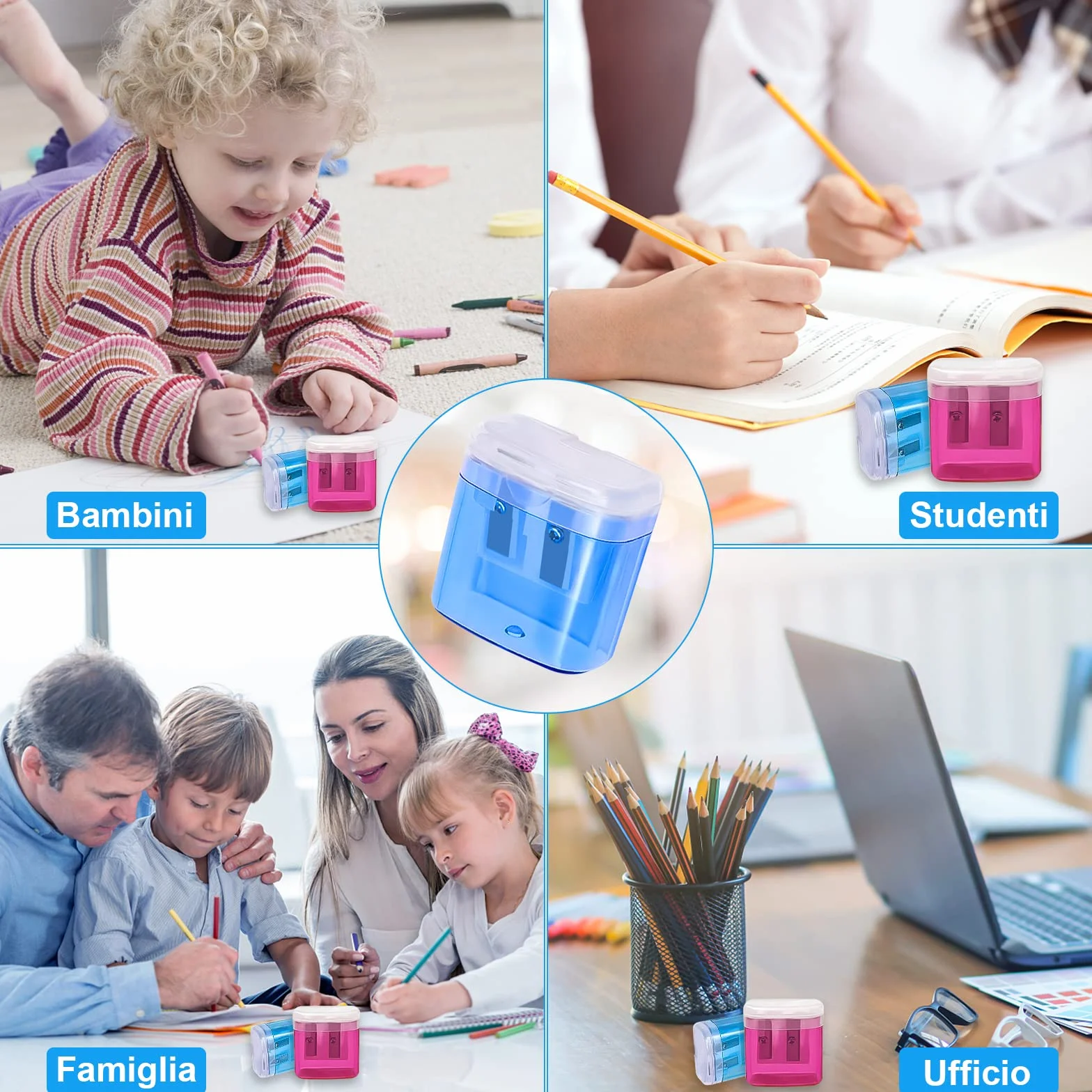Temperino con Serbatoio Doppi Fori 4pcs per Matite Bambini Scuola Ufficio