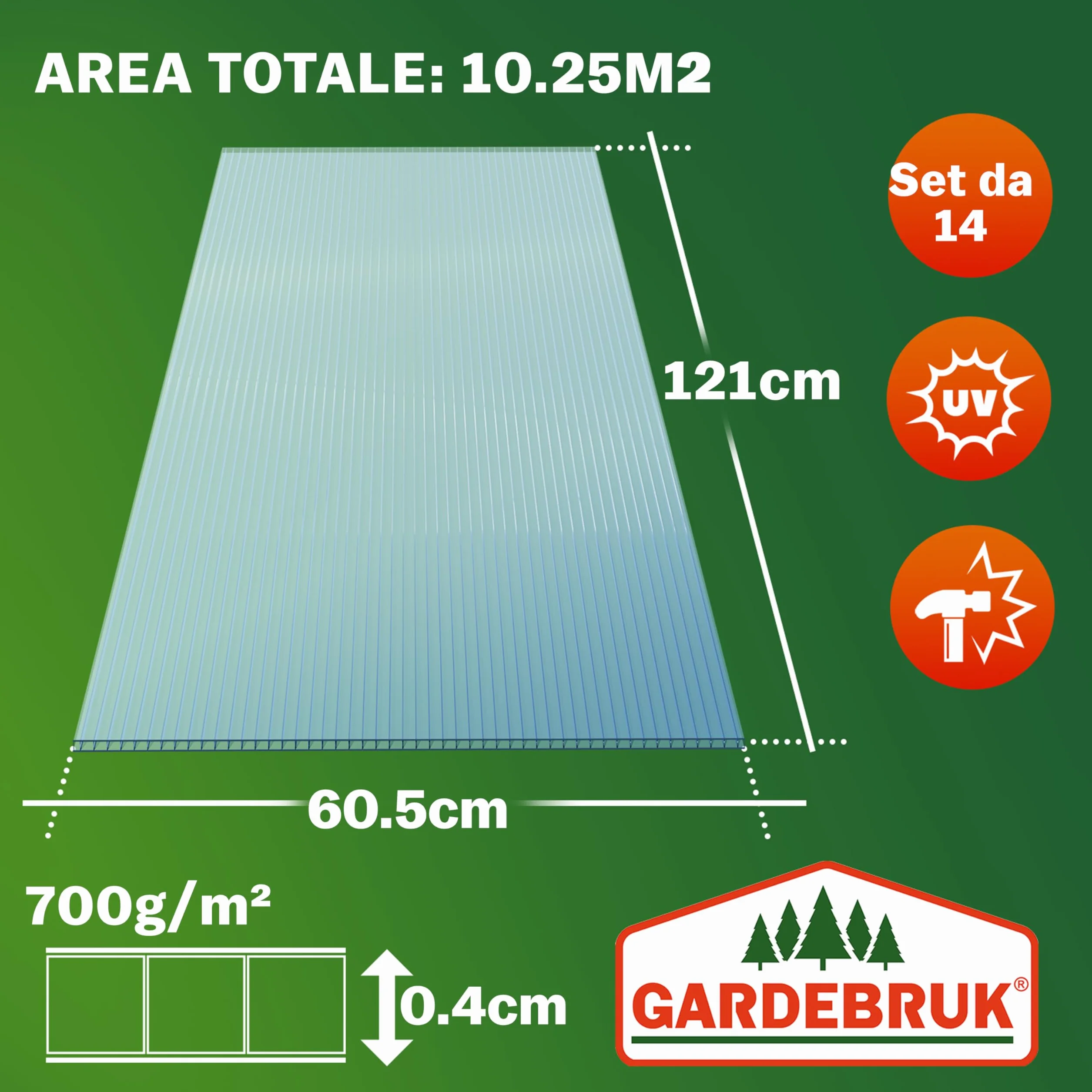 GARDEBRUK® 14 Fogli Policarbonato Alveolari 4mm 121x60,5cm 10,3m² Pannelli Copertura Tettoia