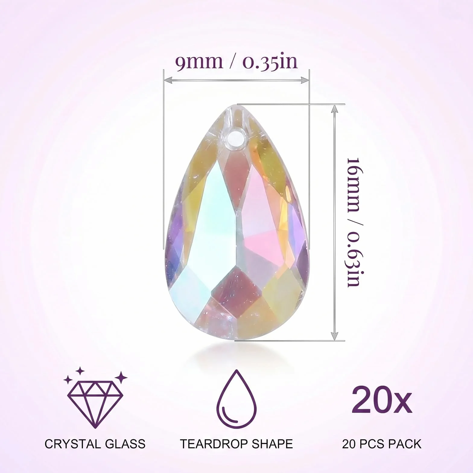 Set di 20 Pendenti in Cristallo di Vetro a Goccia 9x16mm Viola Trasparente, Acchiappasole Prisma per Decorazioni Finestre, Lampadari, Creazione Gioielli Fai da Te e Scacciapensieri