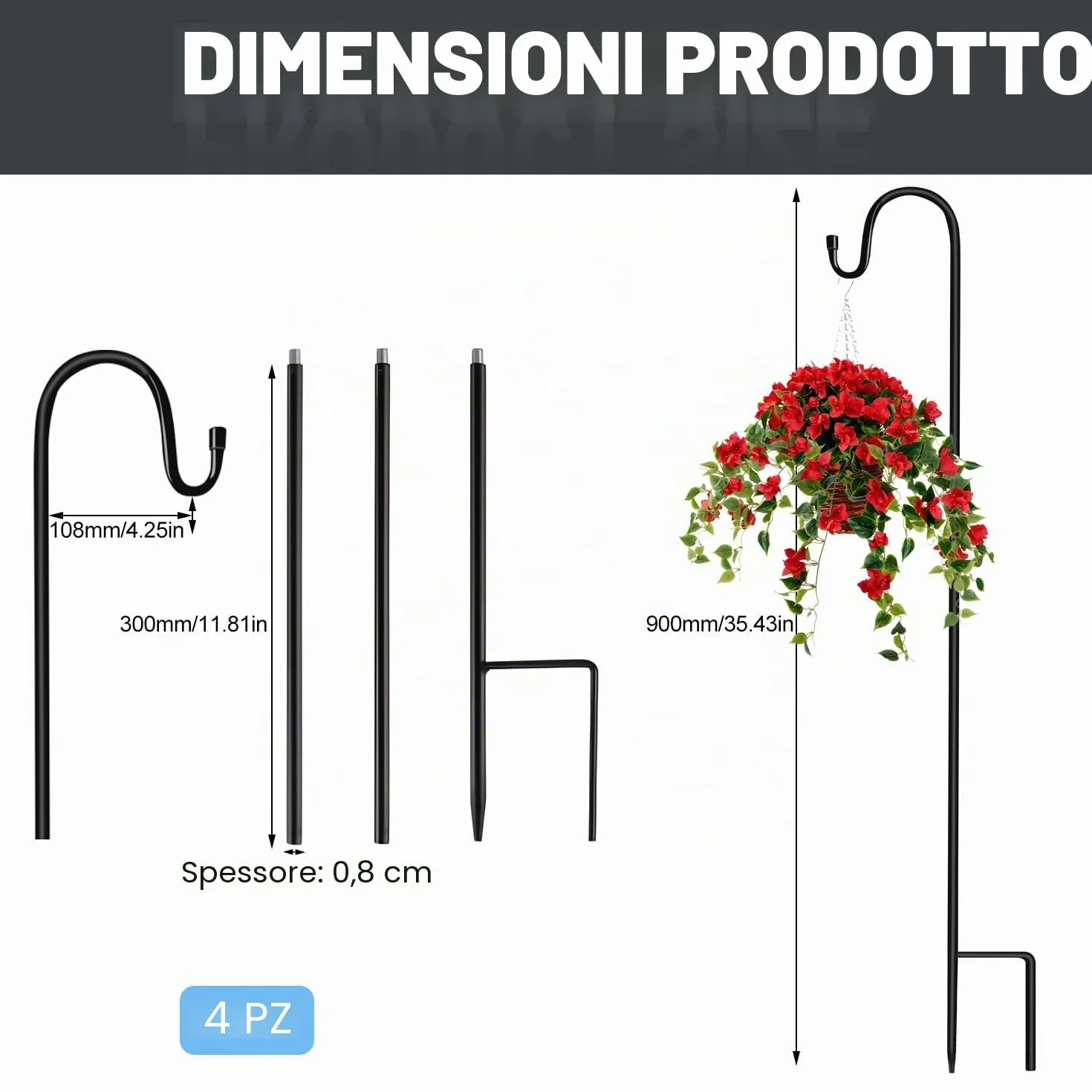 Ganci da pastore 90cm Metallo Palo da Giardino con Gancio per appendere capanno vaso alimentatore uccello Lanterna