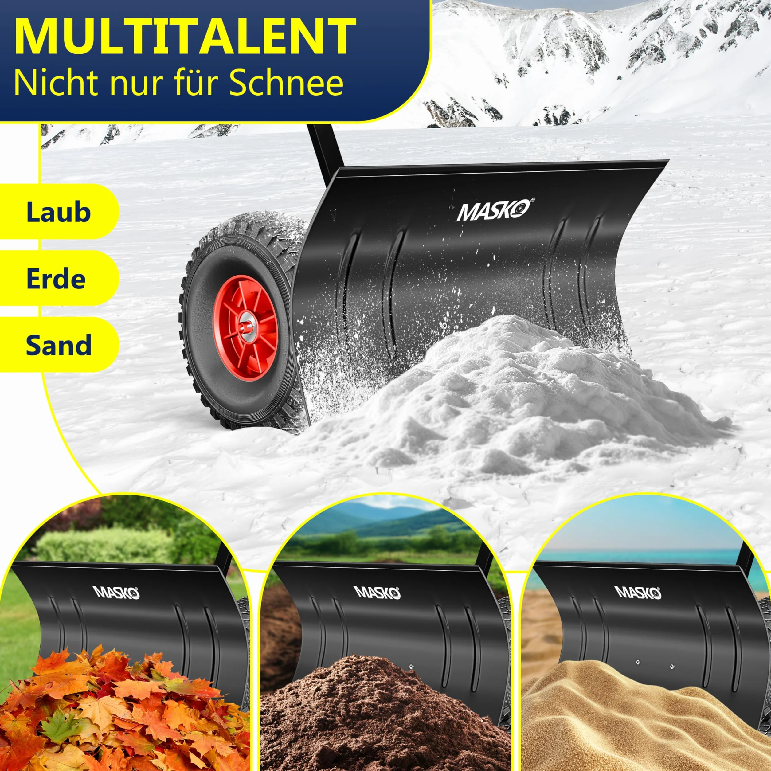 MASKO® Pala da neve su ruote regolabile in altezza – 5 posizioni regolabili in altezza, che non danneggia la schiena, 75 cm, larghezza di lavoro 42 cm
