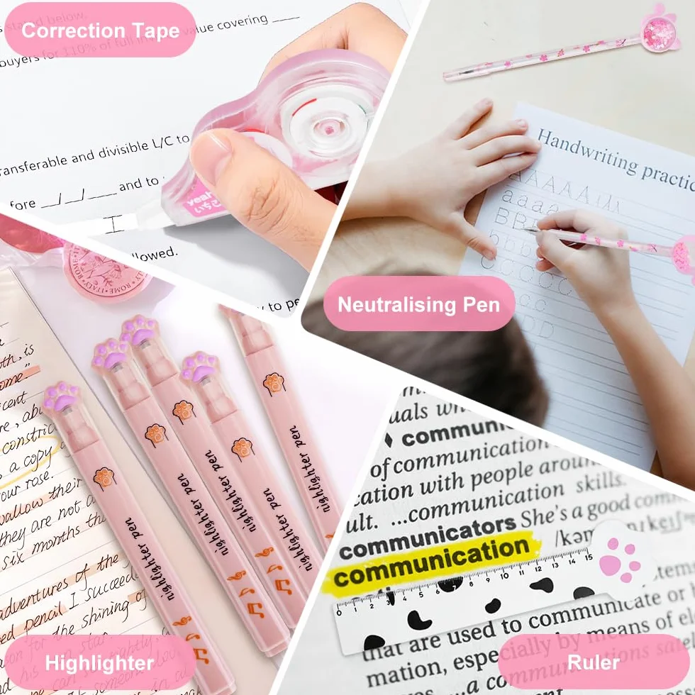 Patte de Chat Kit Papeterie 13 PCS Mini Rouleau à Crayons Gomme Rétractable Ruban Correcteur Stylos Pointeurs Notes Adhésives Surligneurs