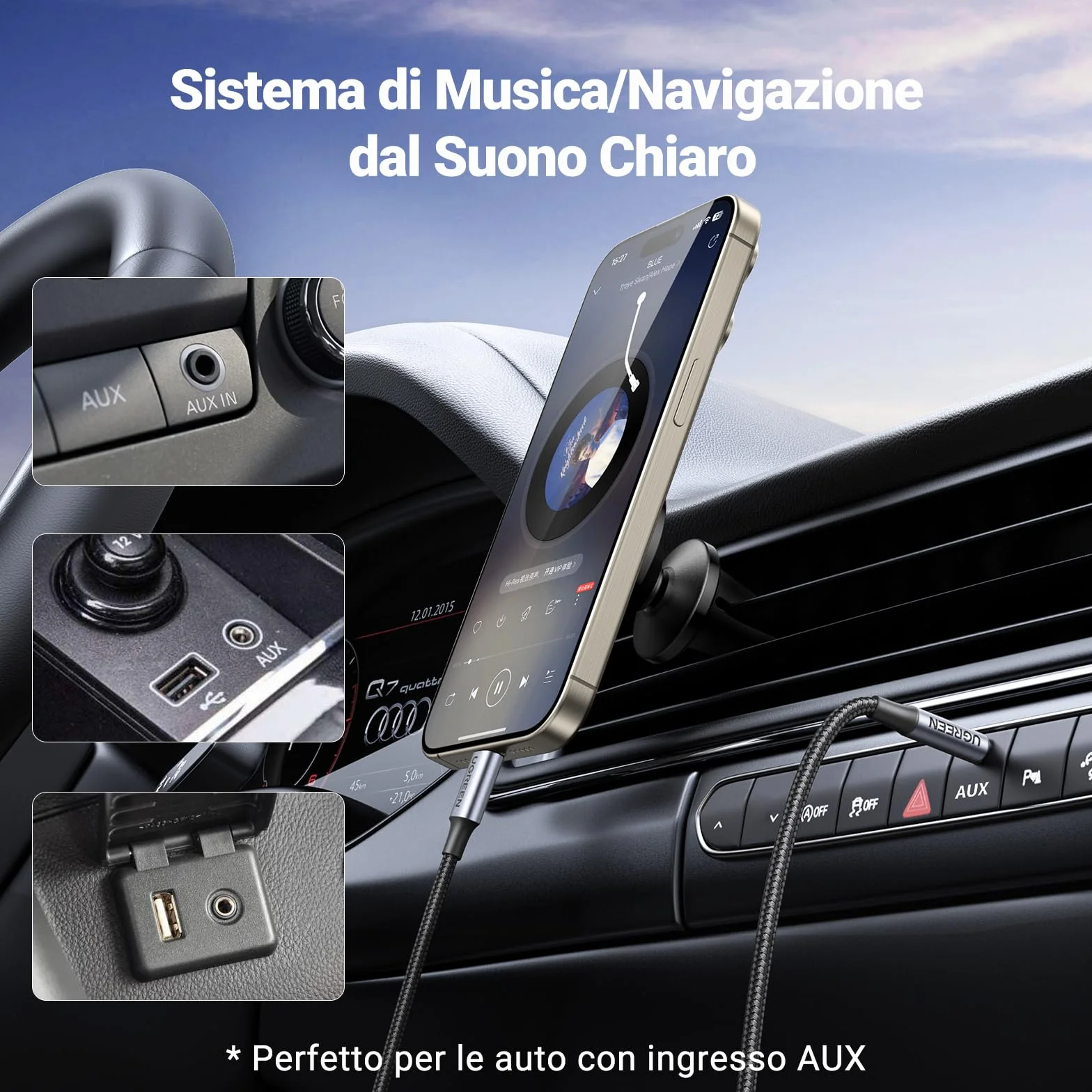 UGREEN Cavo USB C a Jack 3.5mm con DAC Chip 1M Aux Nylon Intrecciato per Auto Grigio