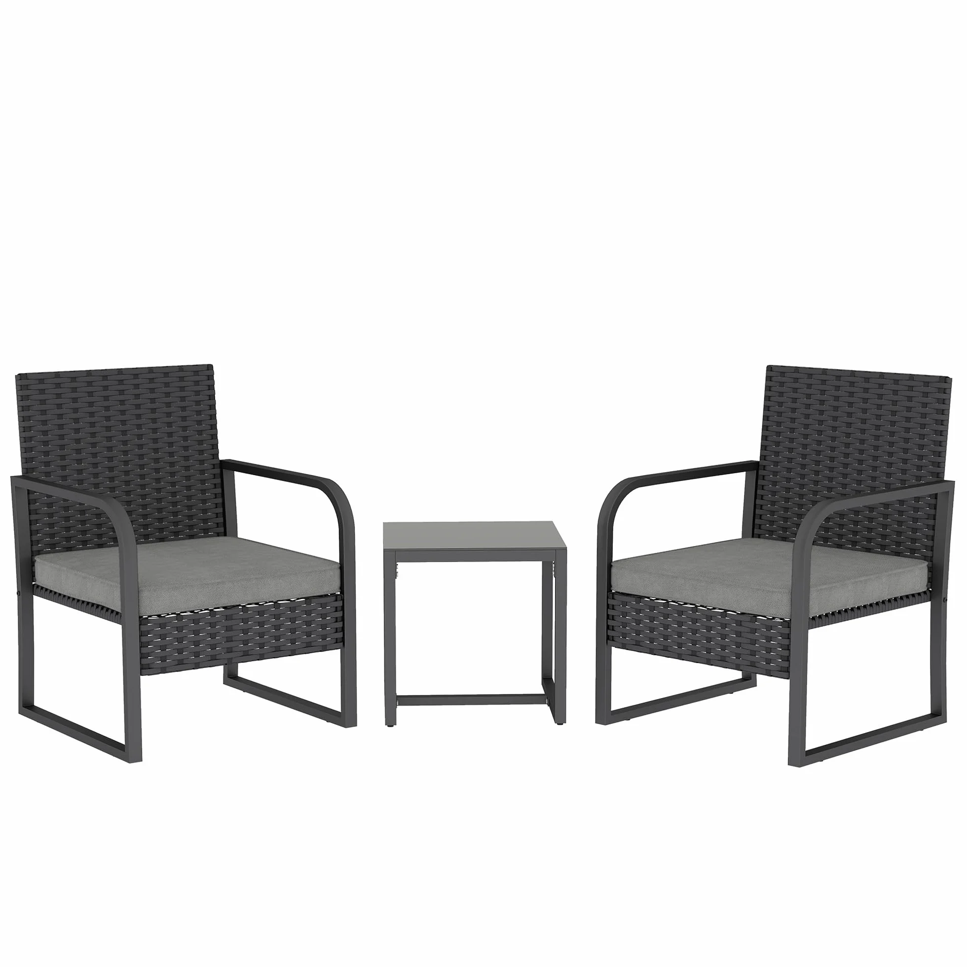 Outsunny Set da Giardino 3 Pezzi in Rattan PE e Acciaio, Set 2 Sedie con Cuscini Lavabili e Tavolino da Caffè con Piano in Vetro, Set di Mobili da Balcone, per Patio e Cortile, Grigio Scuro e Nero