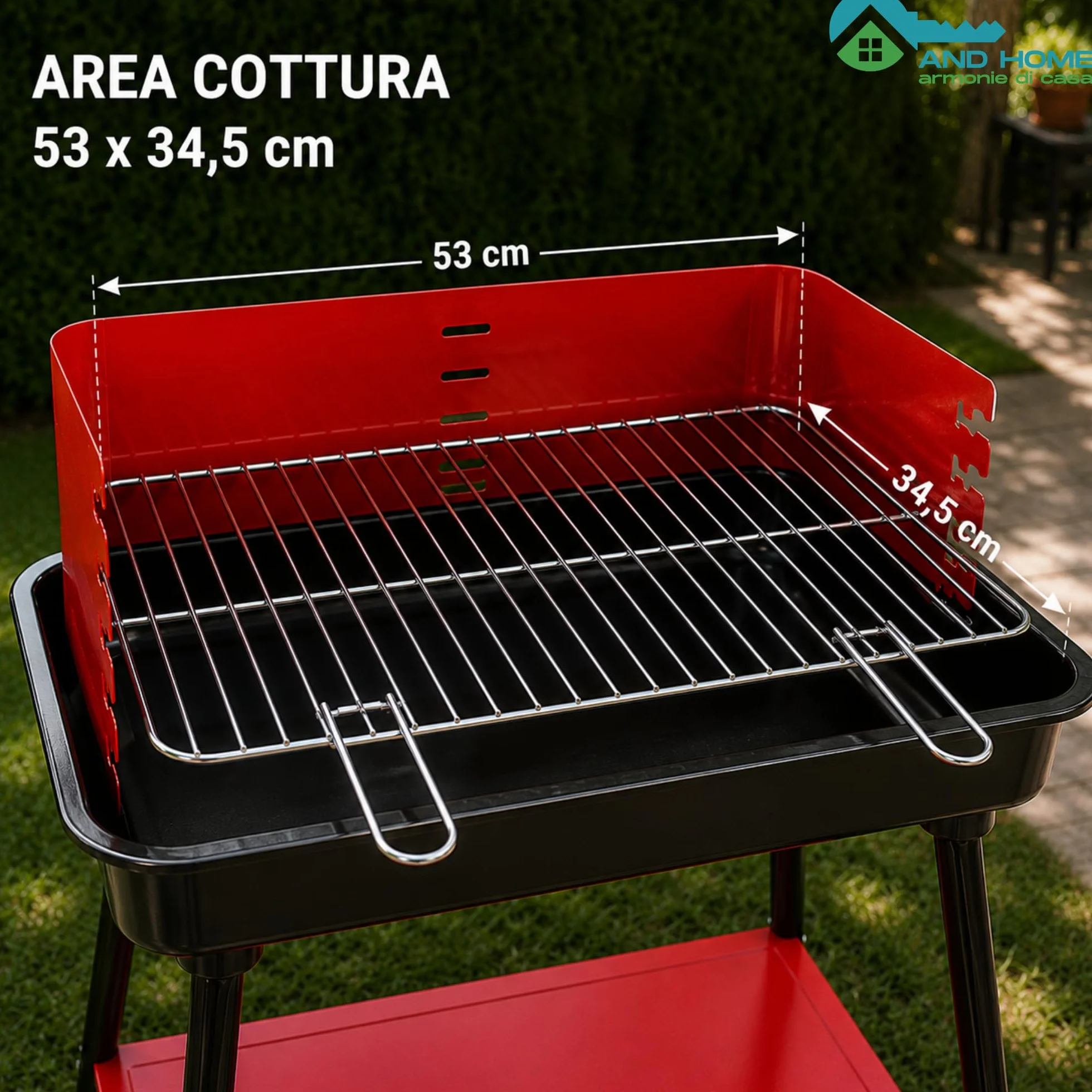 Barbecue Carbonella Rettangolare Stabile 4 Posizioni Cottura Griglia Cromata Rimovibile 53x34,5 cm Acciaio Carbonio