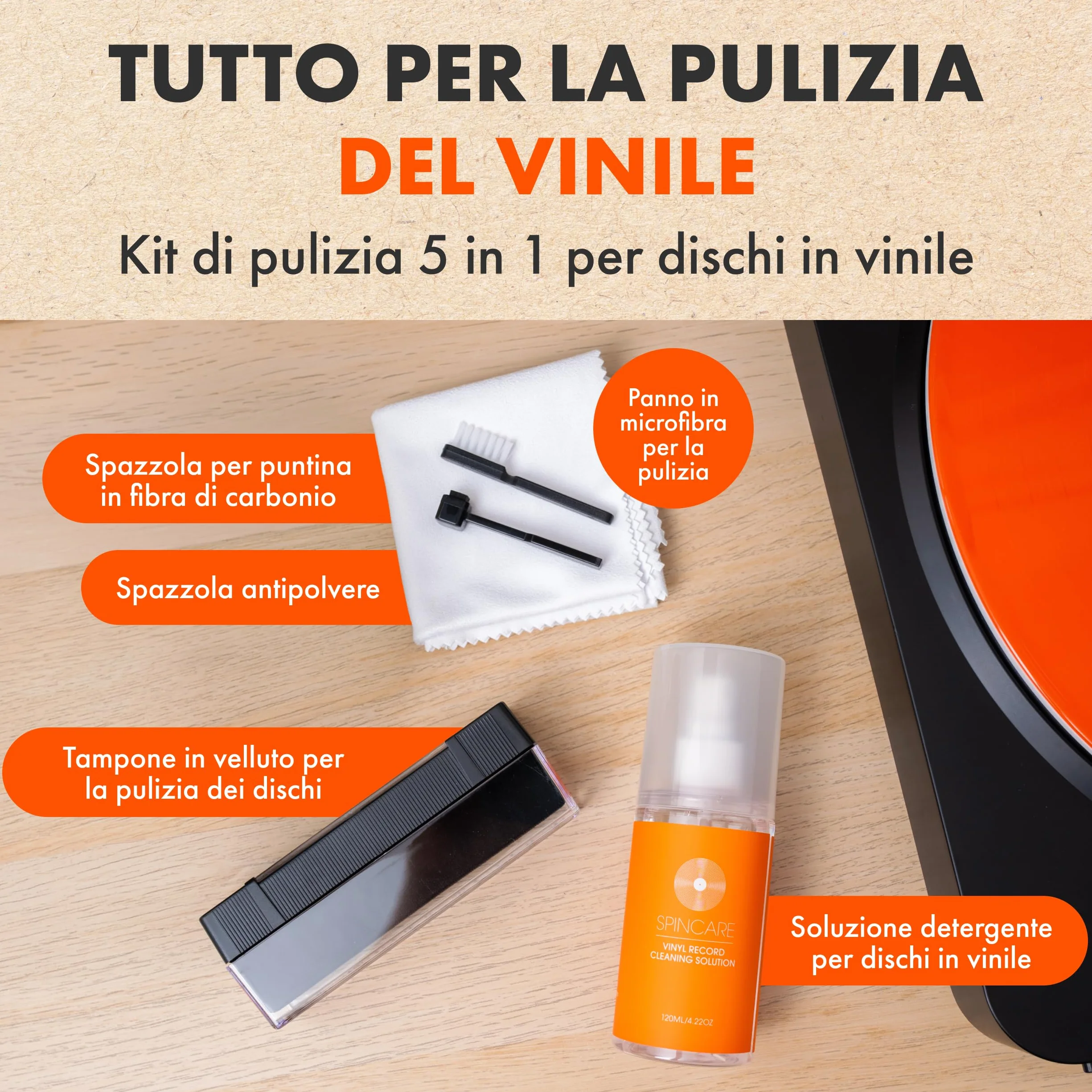 SPINCARE Kit Pulizia Vinili 5 in 1 con Spazzola in Velluto, Spray Antistatico 120 ml e Panno in Microfibra