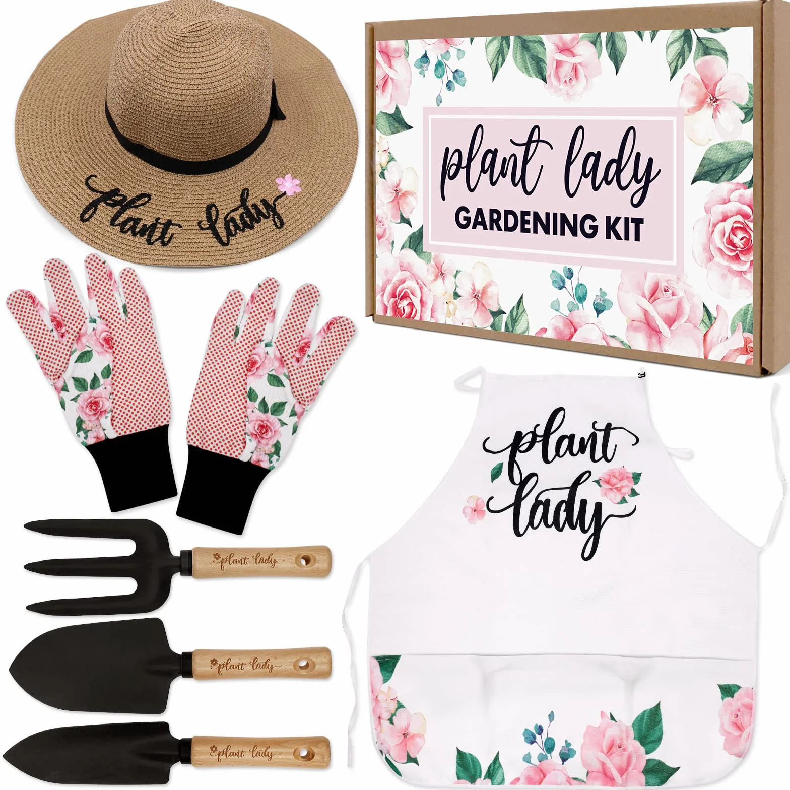 Kit di attrezzi da giardino con attrezzi per piantare, cappello di paglia, grembiule da fiori, guanti, cestino regalo per mamma, zia, nonna, primavera, giardino, scavare, orticoltura, set da 6