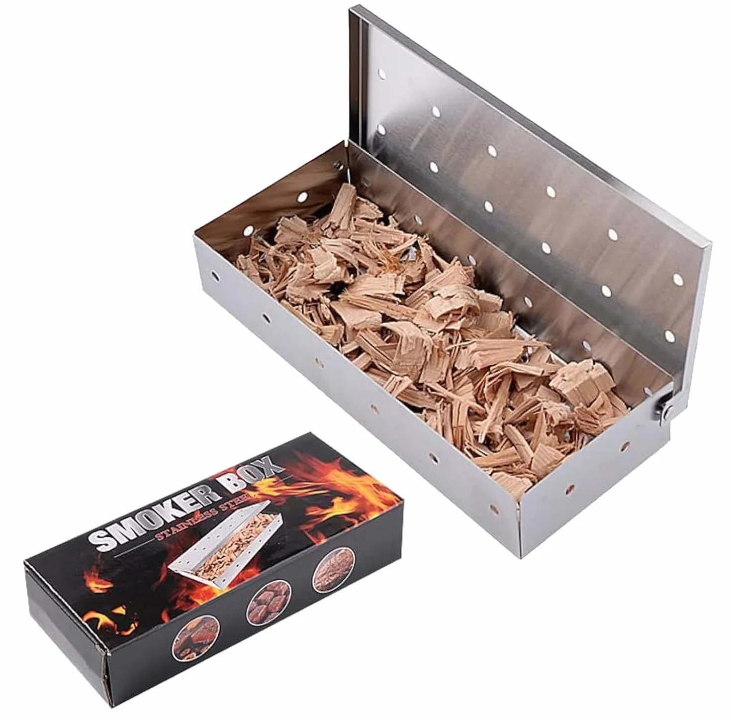 Scatola per affumicare, scatola per affumicare in acciaio inox per barbecue, scatola per affumicare alimenti, scatola per affumicare per barbecue a gas, per affumicatori, barbecue a carbone e a gas