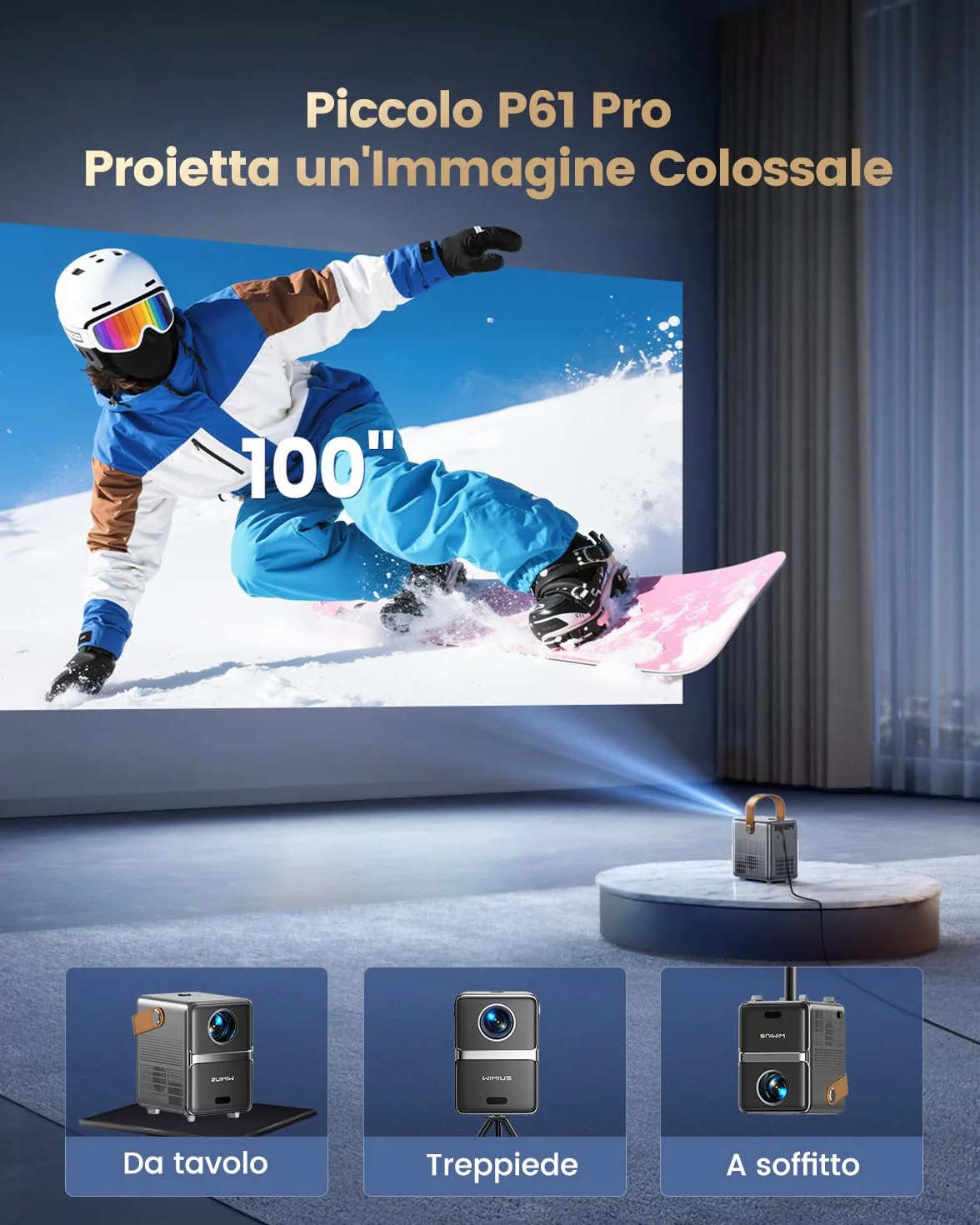 Proiettore Portatile 4K 800ANSI Smart con Netflix e Dolby, WiFi Bluetooth, 1080P Nativo Full HD, Auto Keystone, E-Focus, Zoom 100%-50%, HDMI ARC/CEC per Home Cinema