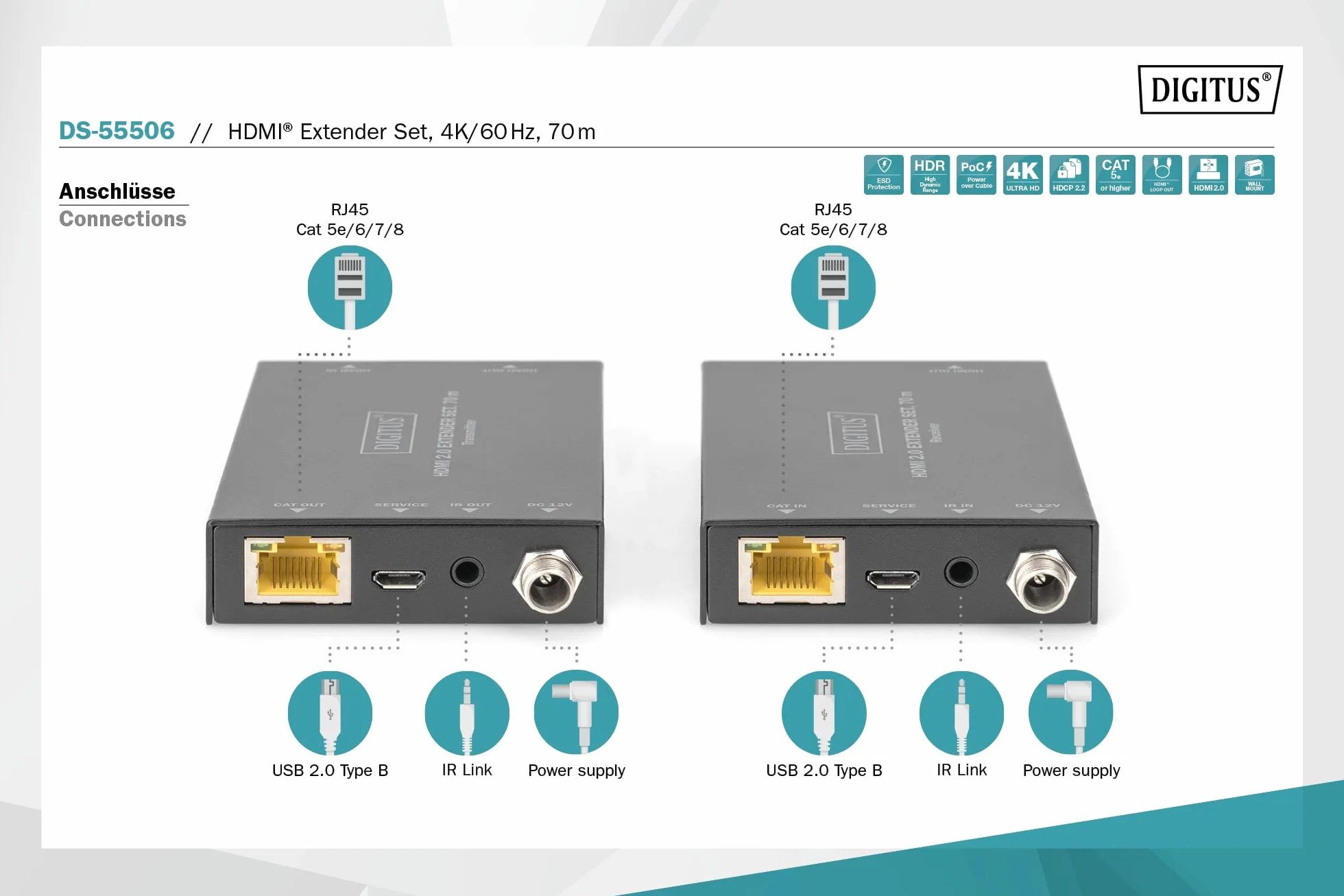DIGITUS Set estensore HDMI 2.0 70 m 4K/60 Hz 18 Gbps HDCP 2.2 HDR PoC