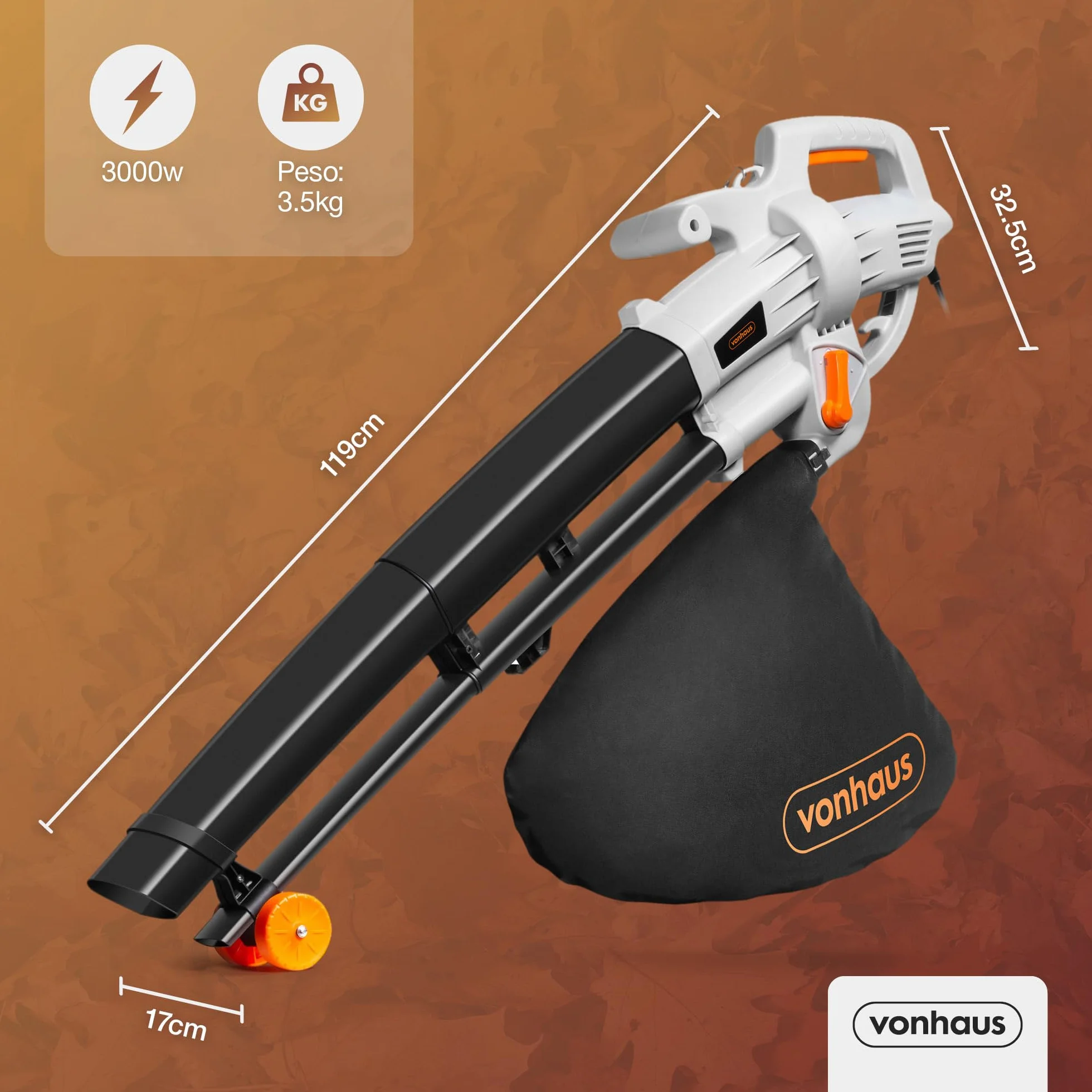 VonHaus Soffiatore e Aspirafoglie da Giardino da 3000 W – Soffiatore Foglie per Giardini, Grondaie, Vialetti – Leggero, con Tracolla, Ruote, Sacca Raccolta da 35 Litri