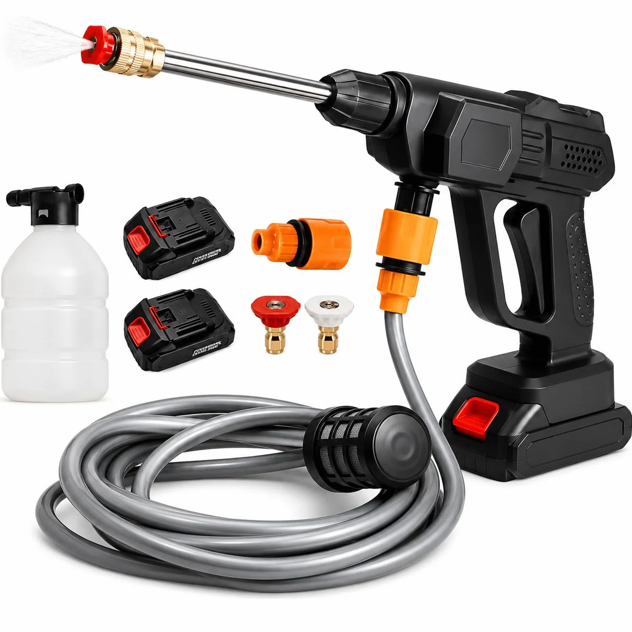 Idropulitrice a Batteria 42V Portatile Professionale, 2 Batterie 8000mAh, Tubo 5M, Pistola Alta Pressione Senza Fili per Auto, Moto, Bici, Pavimenti, Giardino e Pulizia Esterni