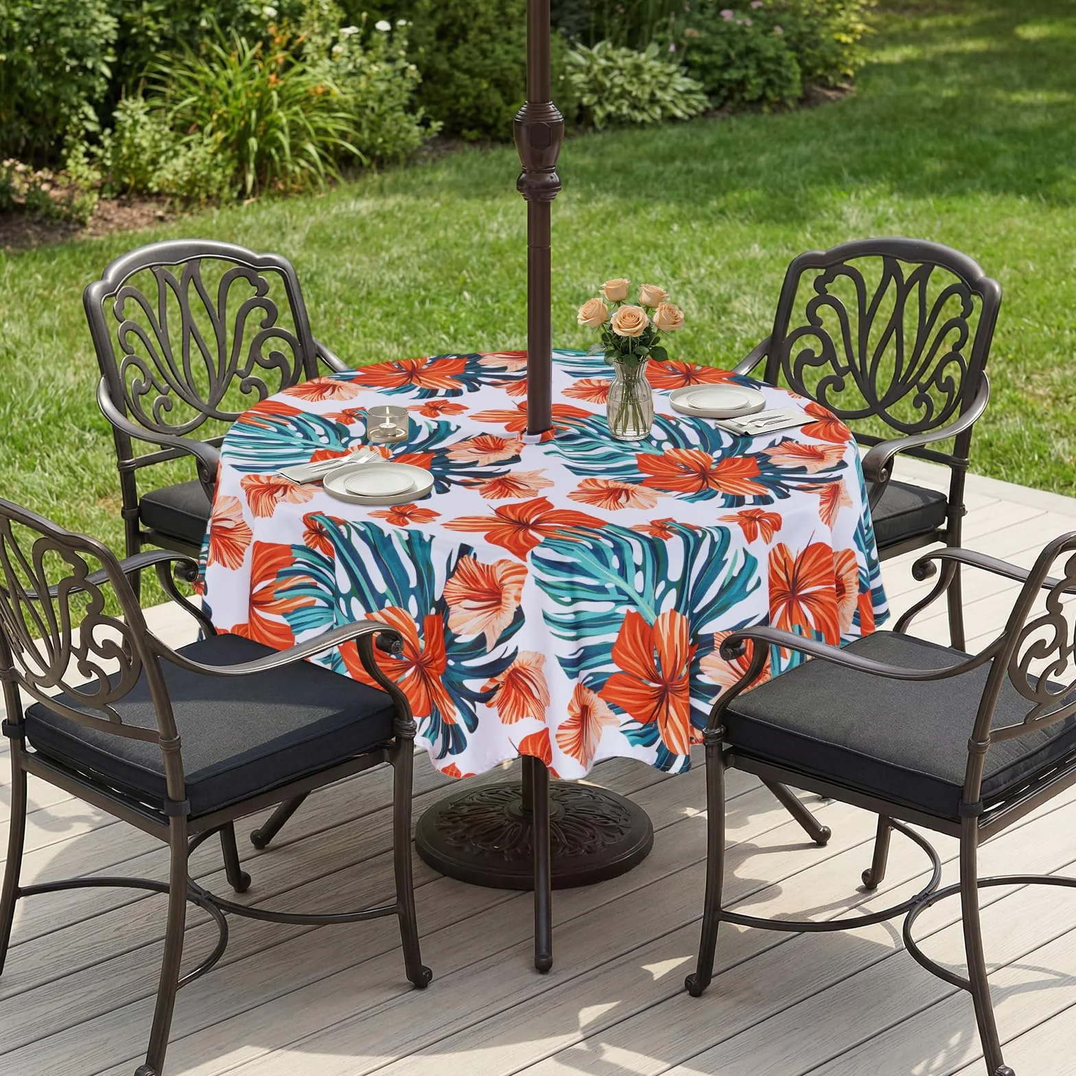 Eternal Beauty tovaglia rotonda 178 cm fiori d'arancia anti-spruzzi con foro ombrellone e cerniera 70 pollici