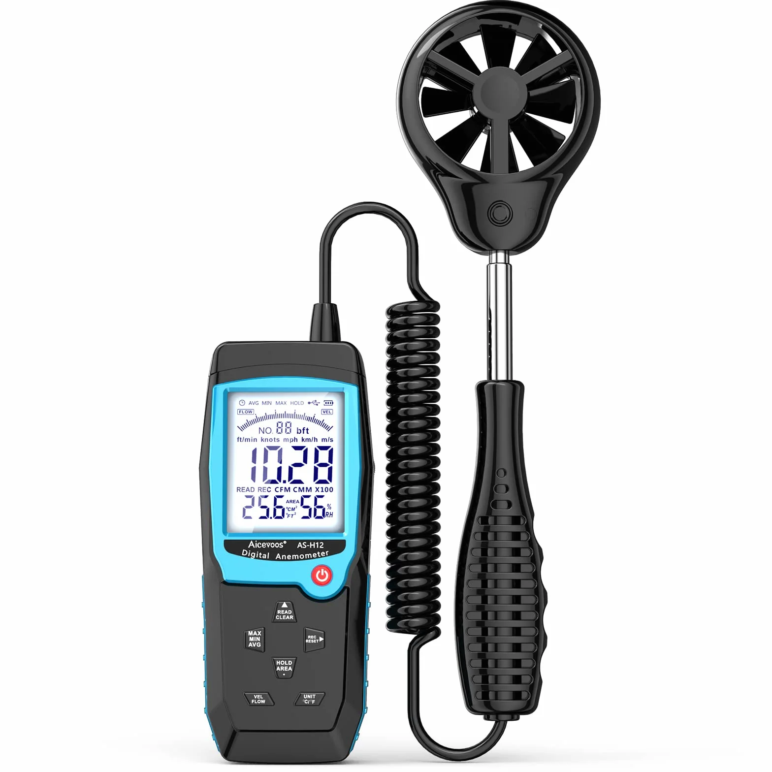 Anemometro Digitale, Misuratore di Velocità del Vento con Sensore di Vento Esteso, Misura la Velocità del Vento, la Temperatura e l'umidità CFM Misuratore di Velocità del Flusso d'aria