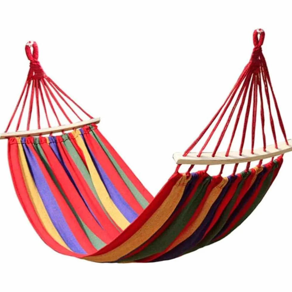 Vetrineinrete® Amaca da giardino e da campeggio colorata in cotone con supporto in legno da appendere con sacca per il trasporto 200x80 cm (Rossa)