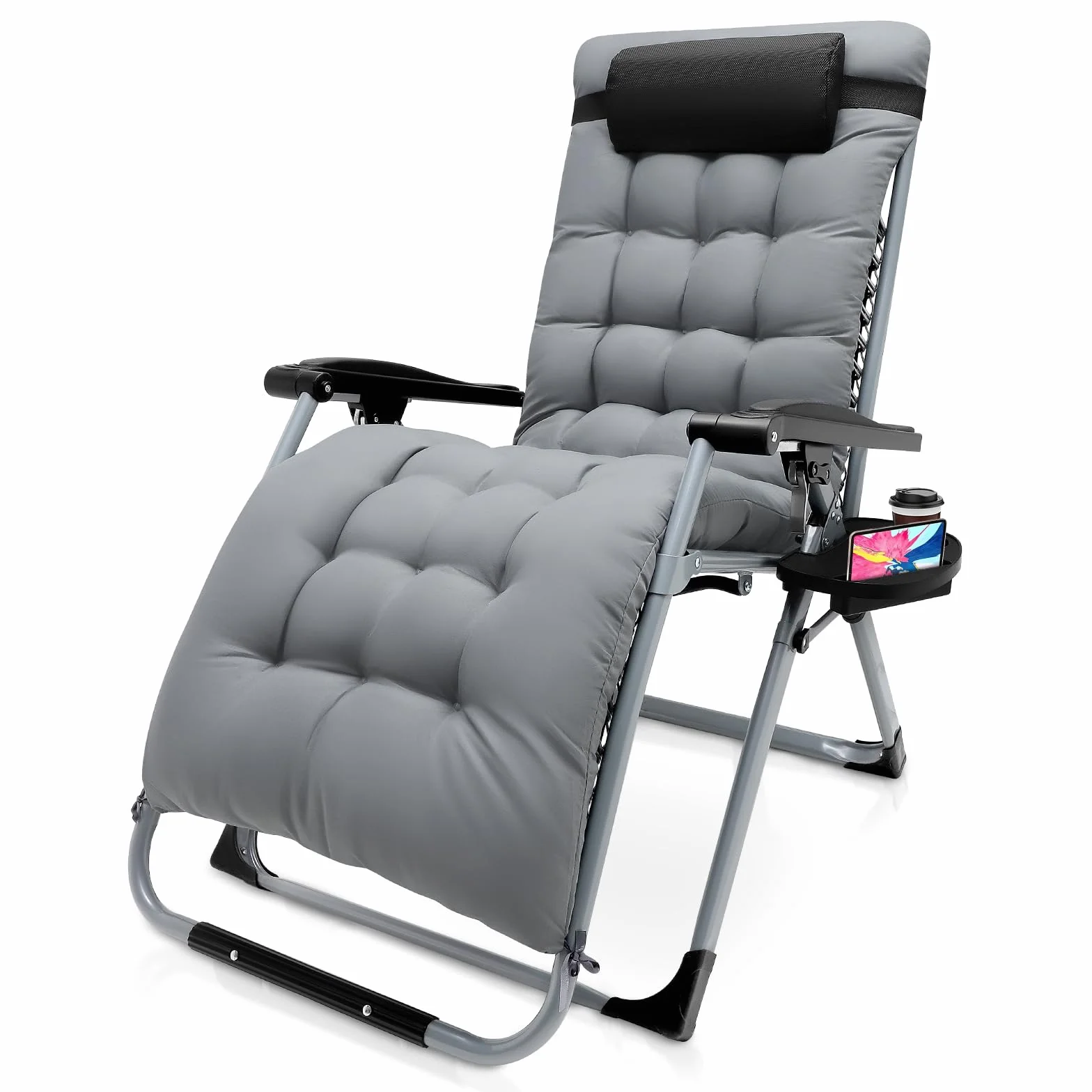 sdraio da giardino,sdraio da spiaggia,Sedia per gravità zero reclinabile all'aperto con portabicchieri, sedia per sdraio allungabile extra larga, con supporto per cuscini 200kg(72 cm grigio)
