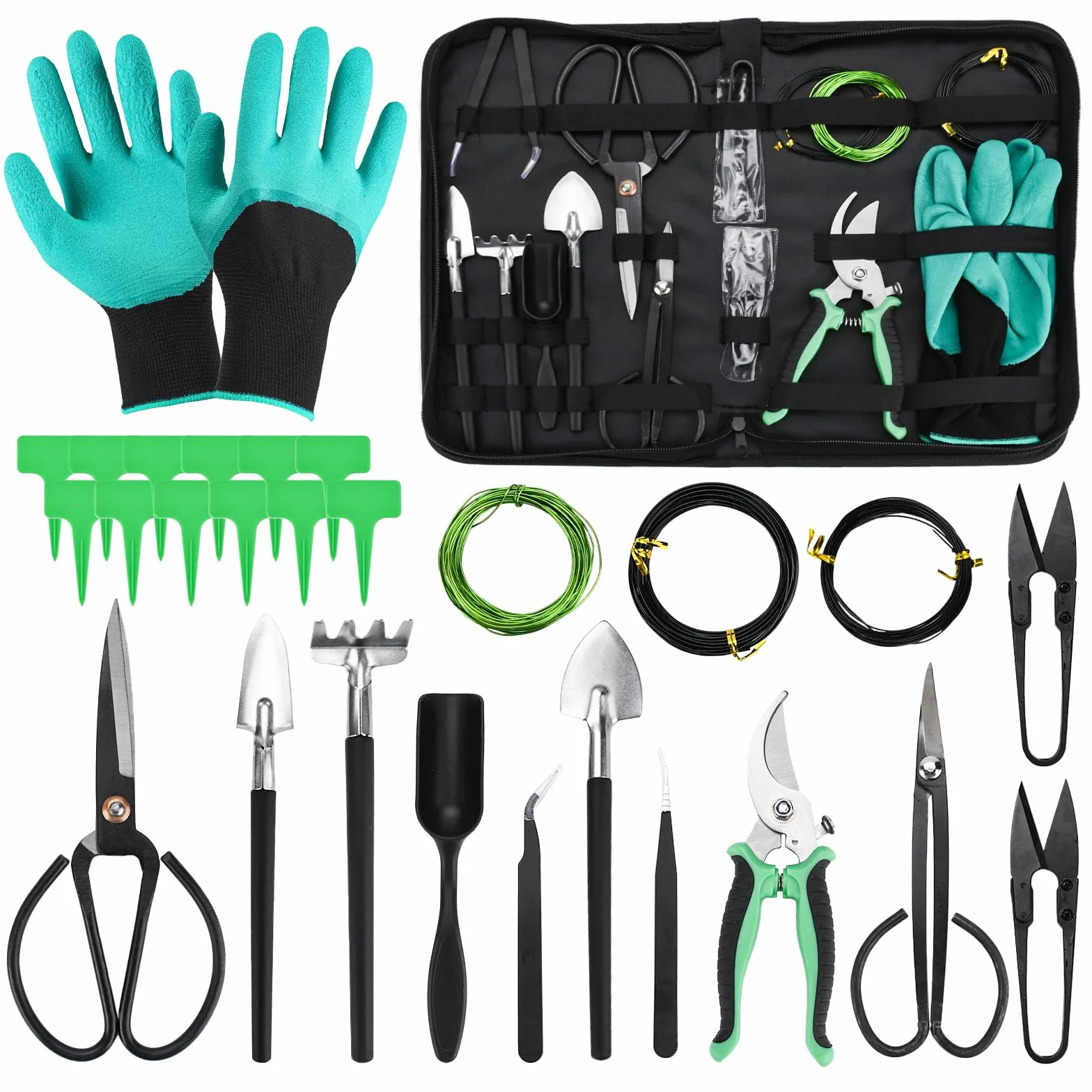 Set di Attrezzi da Giardinaggio, 28 Pezzi Kit Bonsai con Forbici Potatura, Forbici Bonsai, Rastrello, Filo Bonsai, Guanti da Giardinaggio, per Giardino, Piante in Interni, Grasse