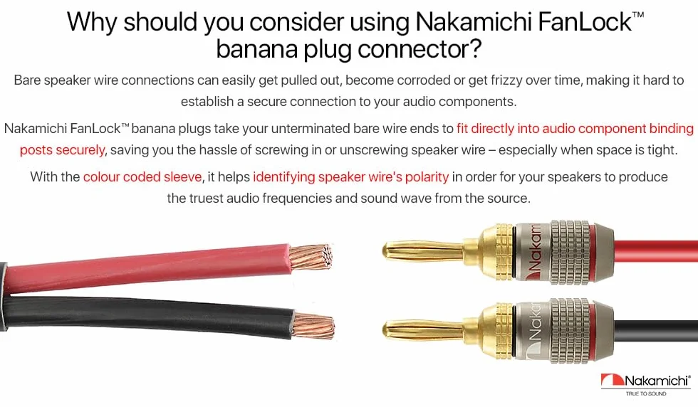 Nakamichi FanLock Excel Connettore a banana placcato oro 24 carati 10 AWG - 18 AWG 4 mm per amplificatori Hi-Fi Stereo Home Theatre 8 pezzi